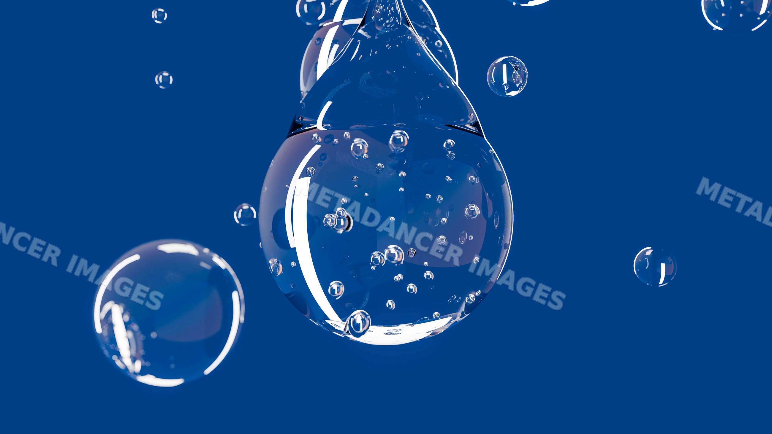 Close-up of water drop with bubbles in blue liquid background