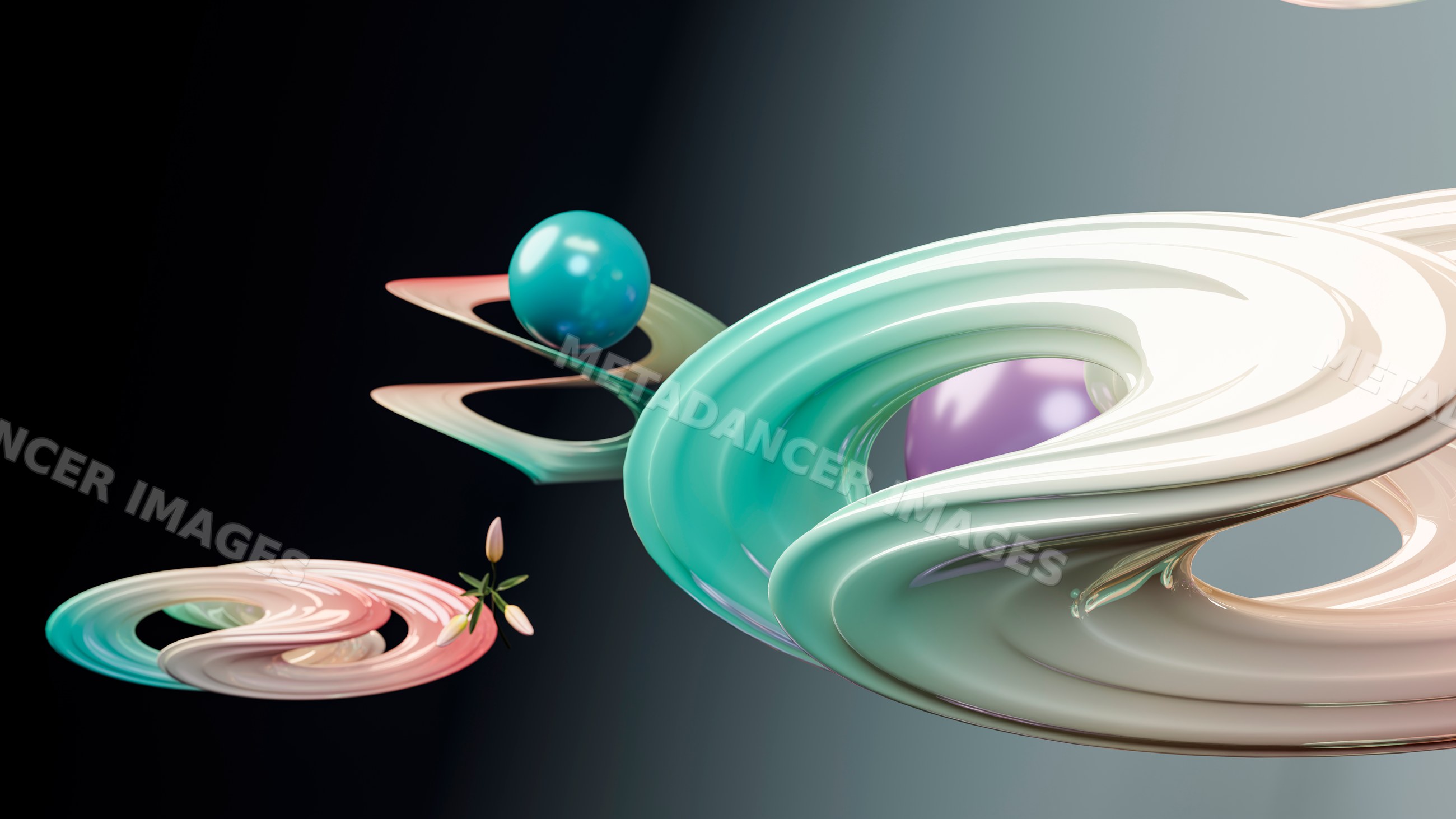 Abstract 3d digital art with twisted rings and floating spheres