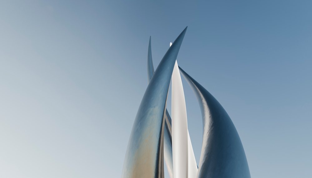 Modern abstract metal sculpture with curved upward shapes against blue