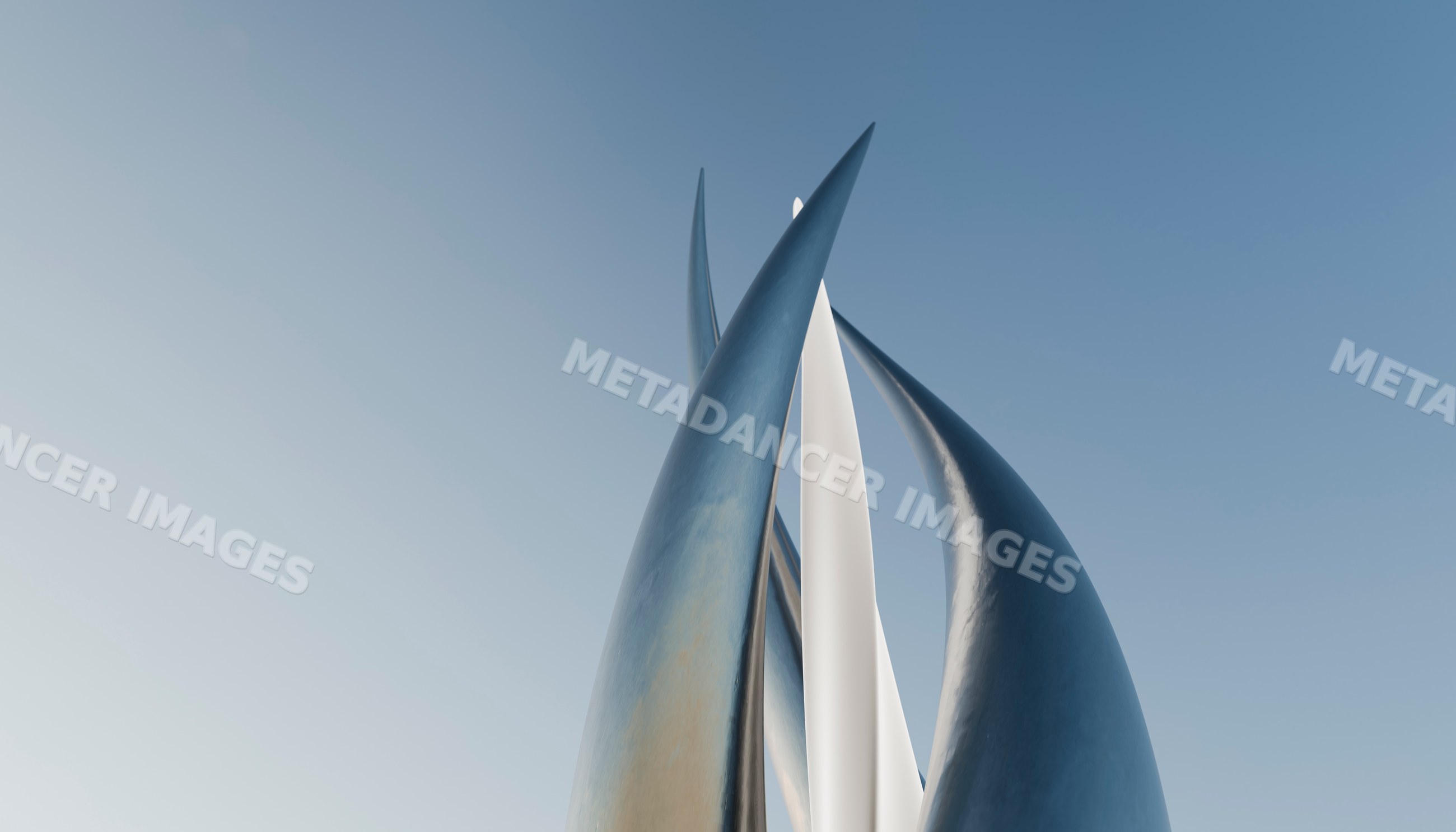 Modern abstract metal sculpture with curved upward shapes against blue