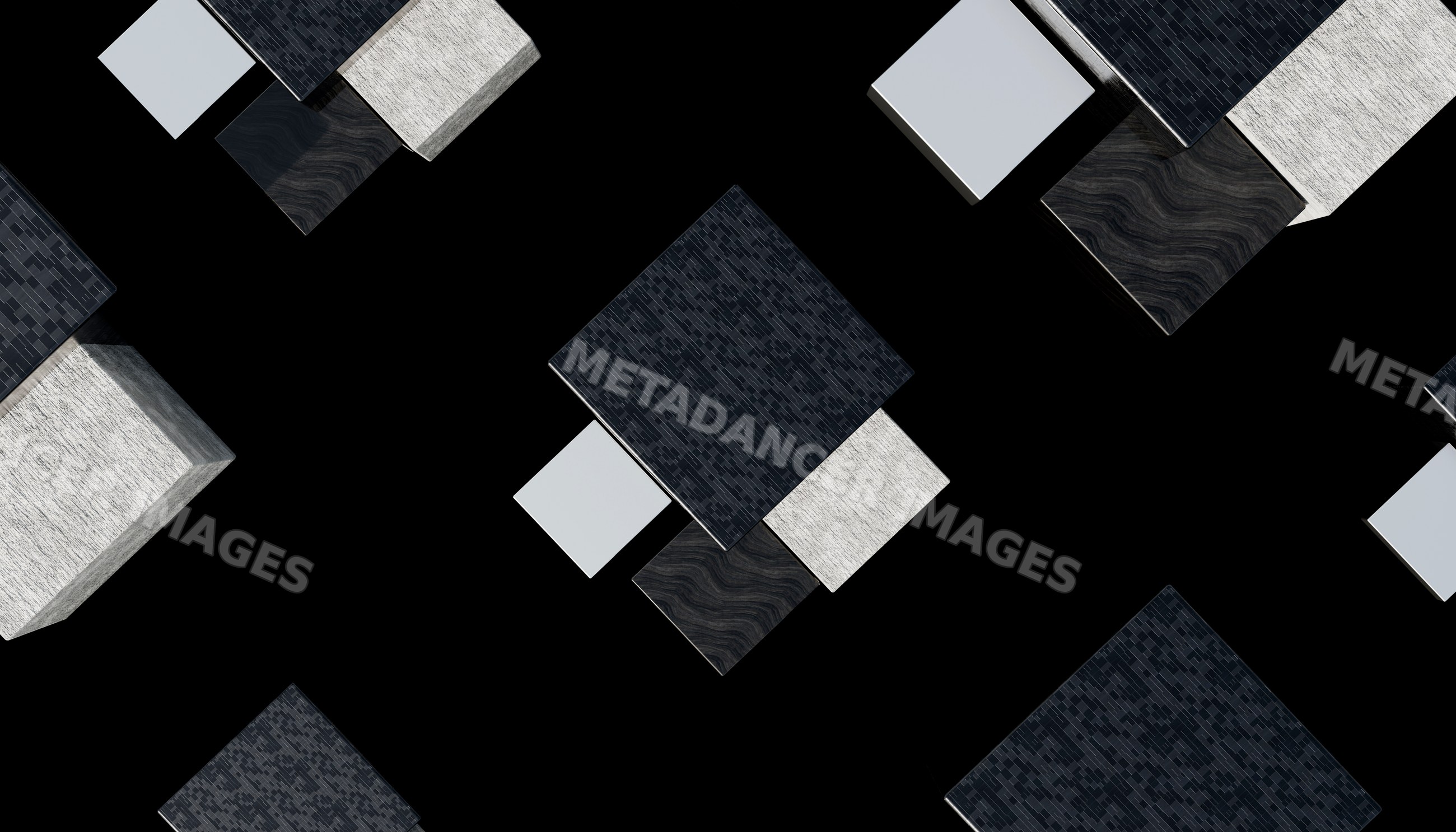 Digital rendering of floating geometric blocks with textured surfaces