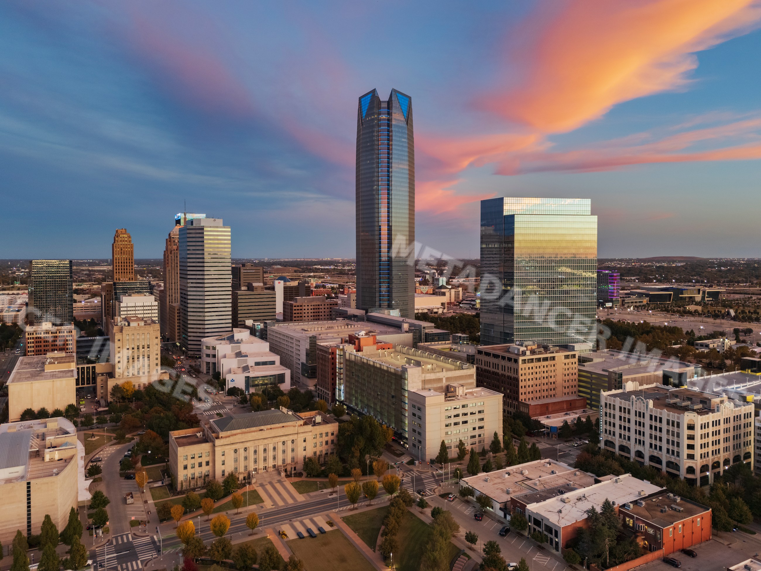 Oklahoma city skyline at Sunset with colorful clouds