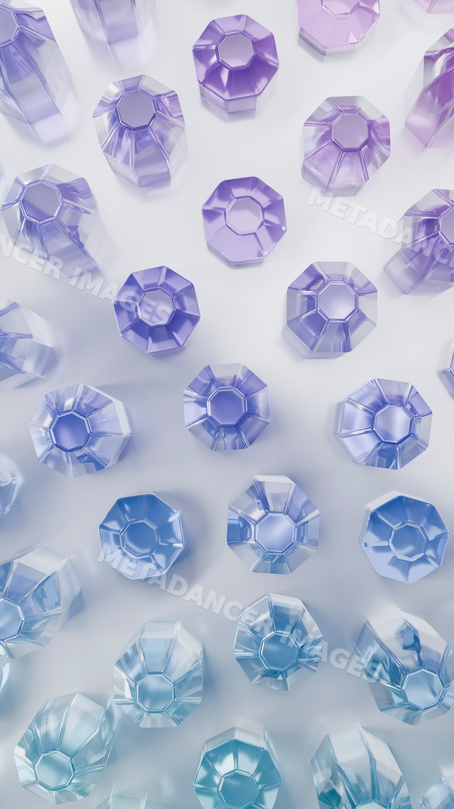 Patterned arrangement of faceted purple and blue transparent octagonal