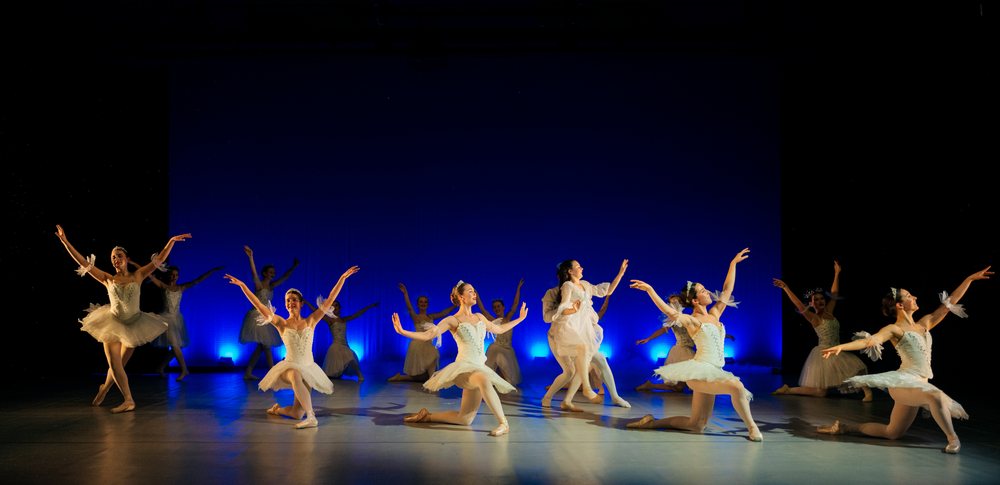 Ballet dancers perform a classical ballet on stage with blue lighting