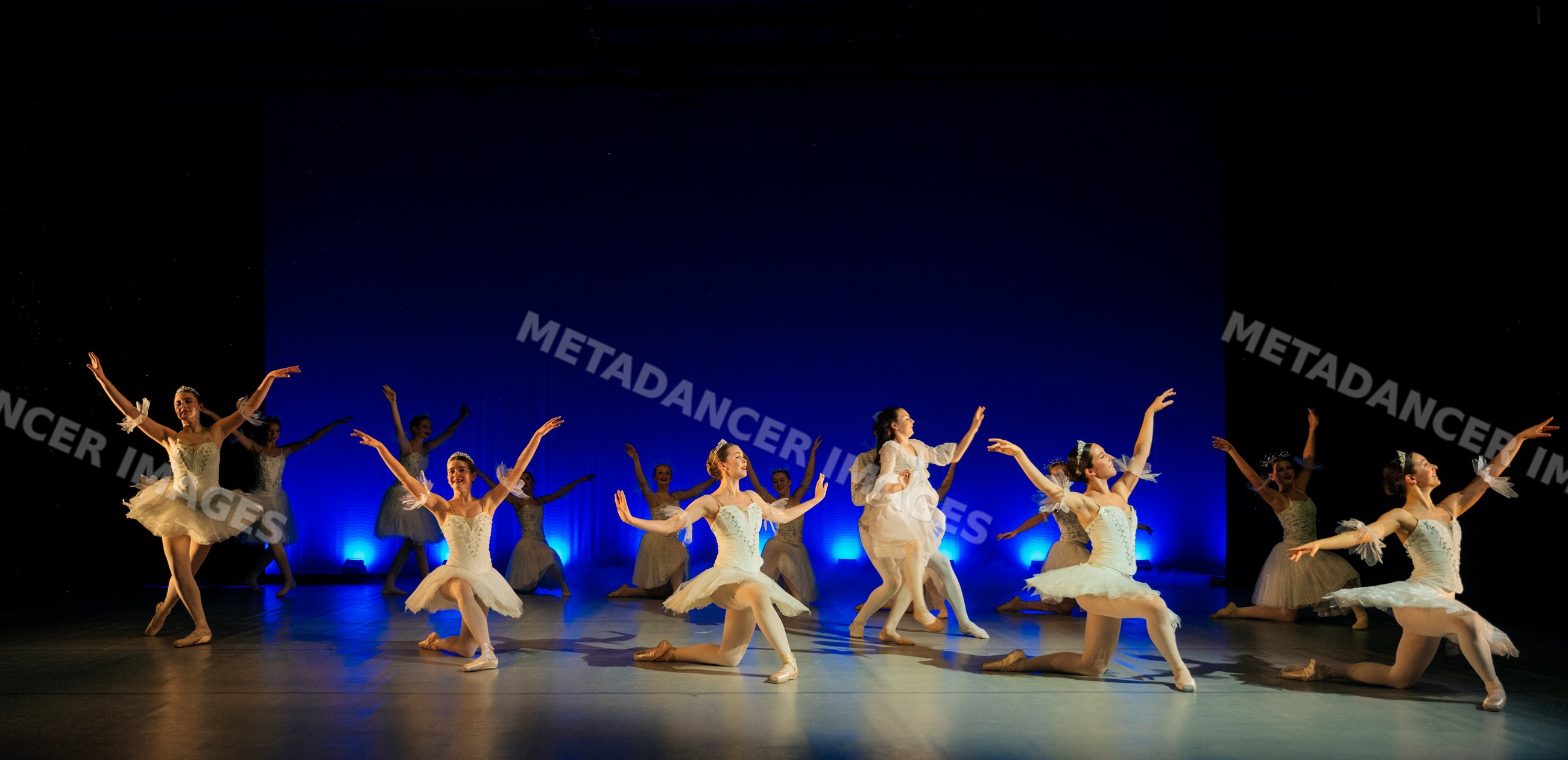 Ballet dancers perform a classical ballet on stage with blue lighting