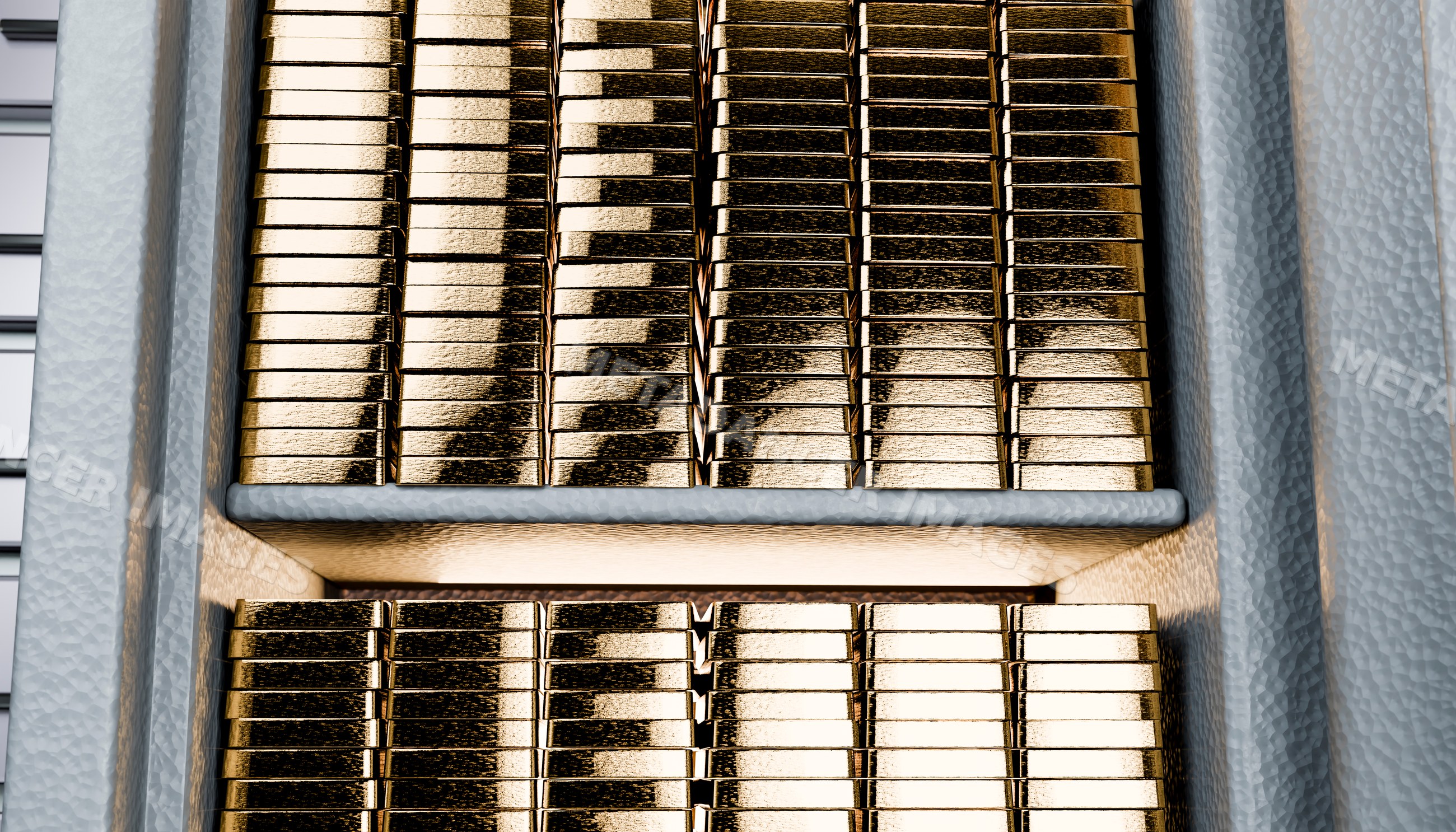 Stacked gold bars in secure container symbolizing wealth