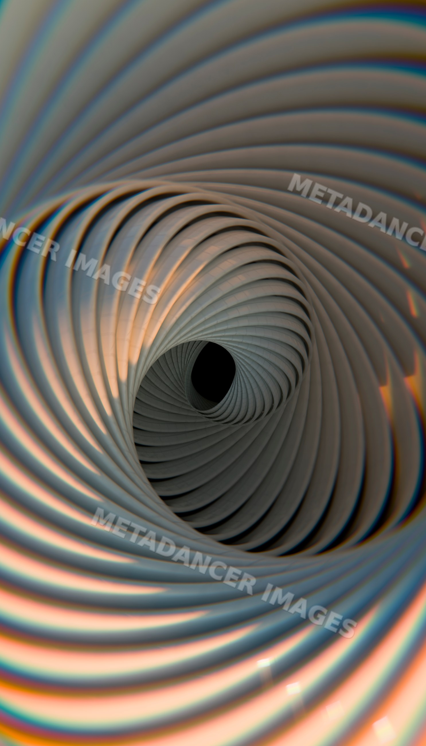 A digital 3d rendering of an abstract spiral tunnel with rotating