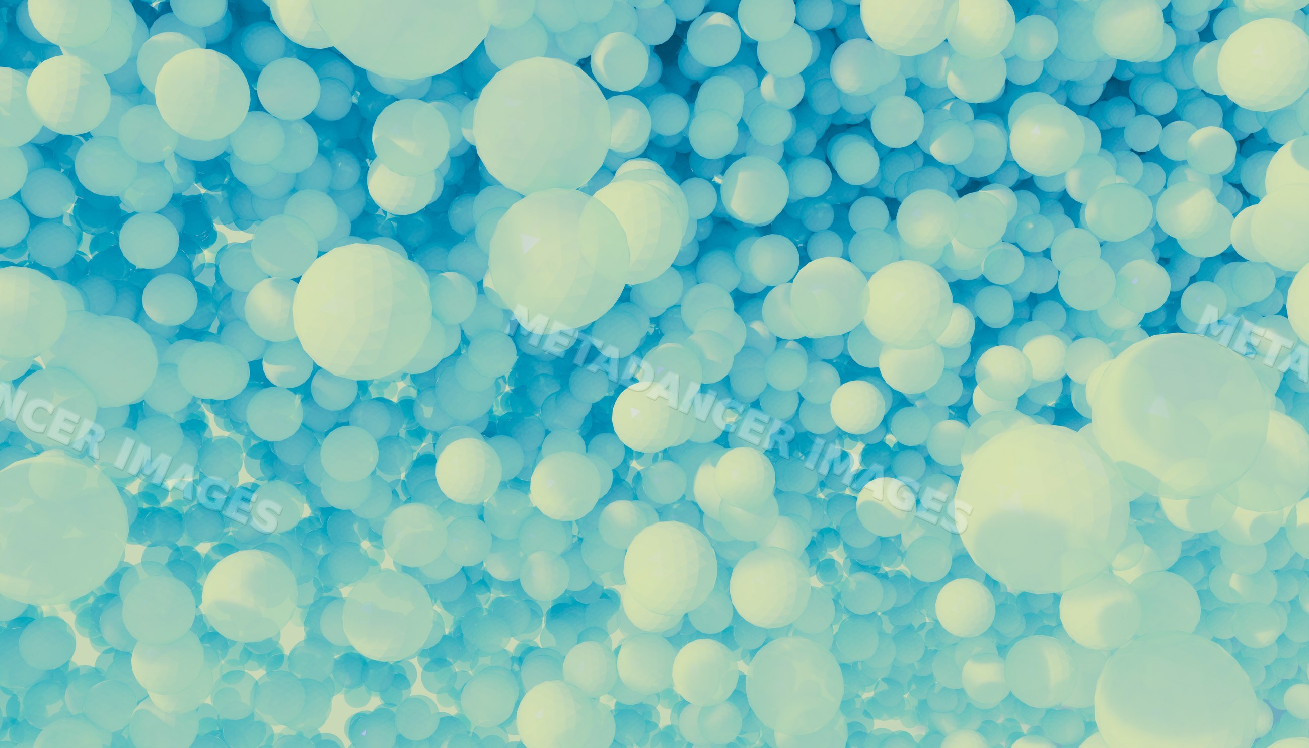 Digital 3d abstract composition with floating blue and yellow spheres
