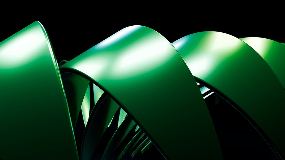 Green glossy spiral 3d digital illustration on dark background