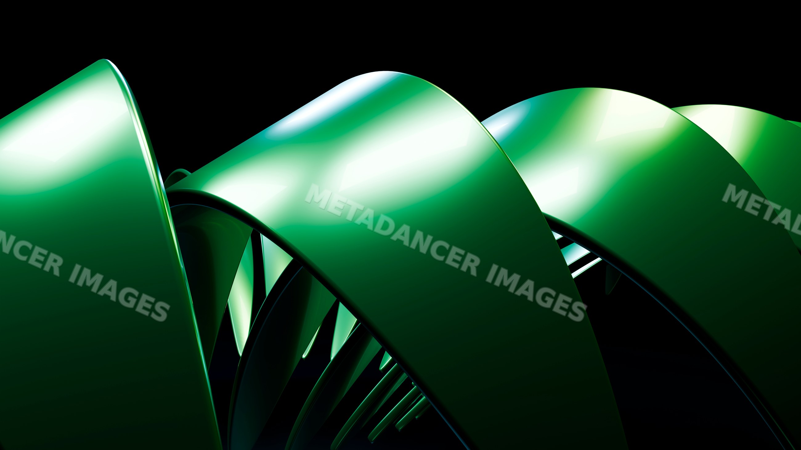Green glossy spiral 3d digital illustration on dark background