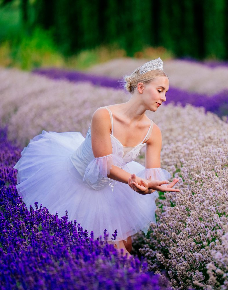 A ballet white dancer gracefully poses in a blooming lavender field