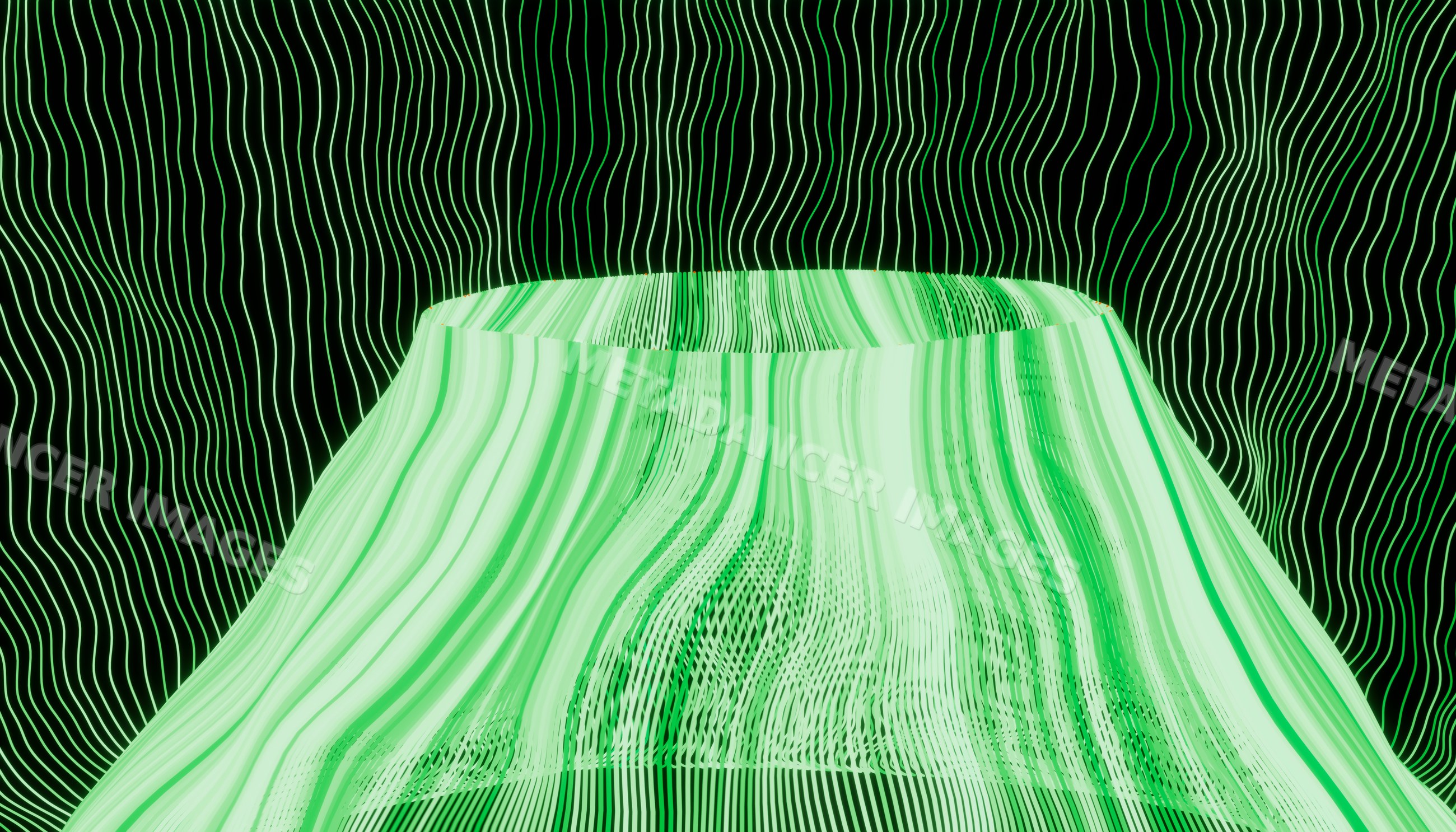 Green glowing abstract 3d digital art sculpture with vertical wavy