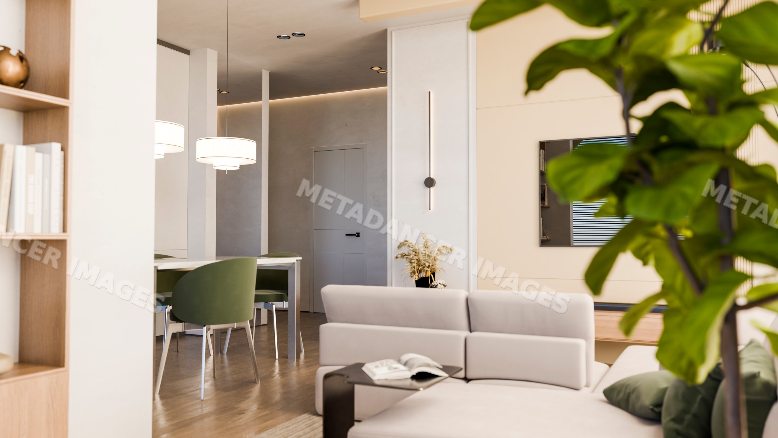 Modern living room and dining area with green chairs and large indoor