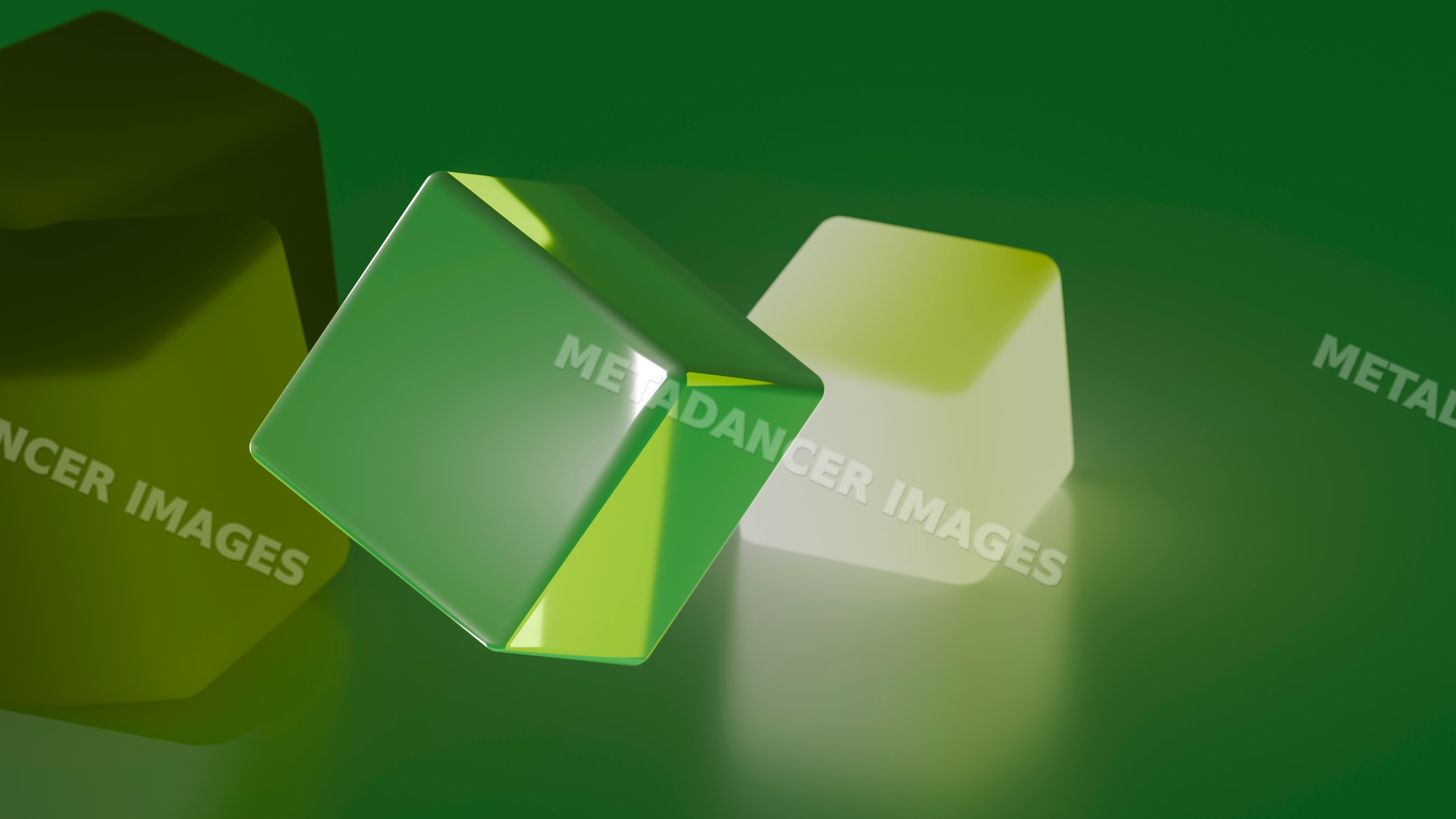 Floating reflective green and white cubes on green background