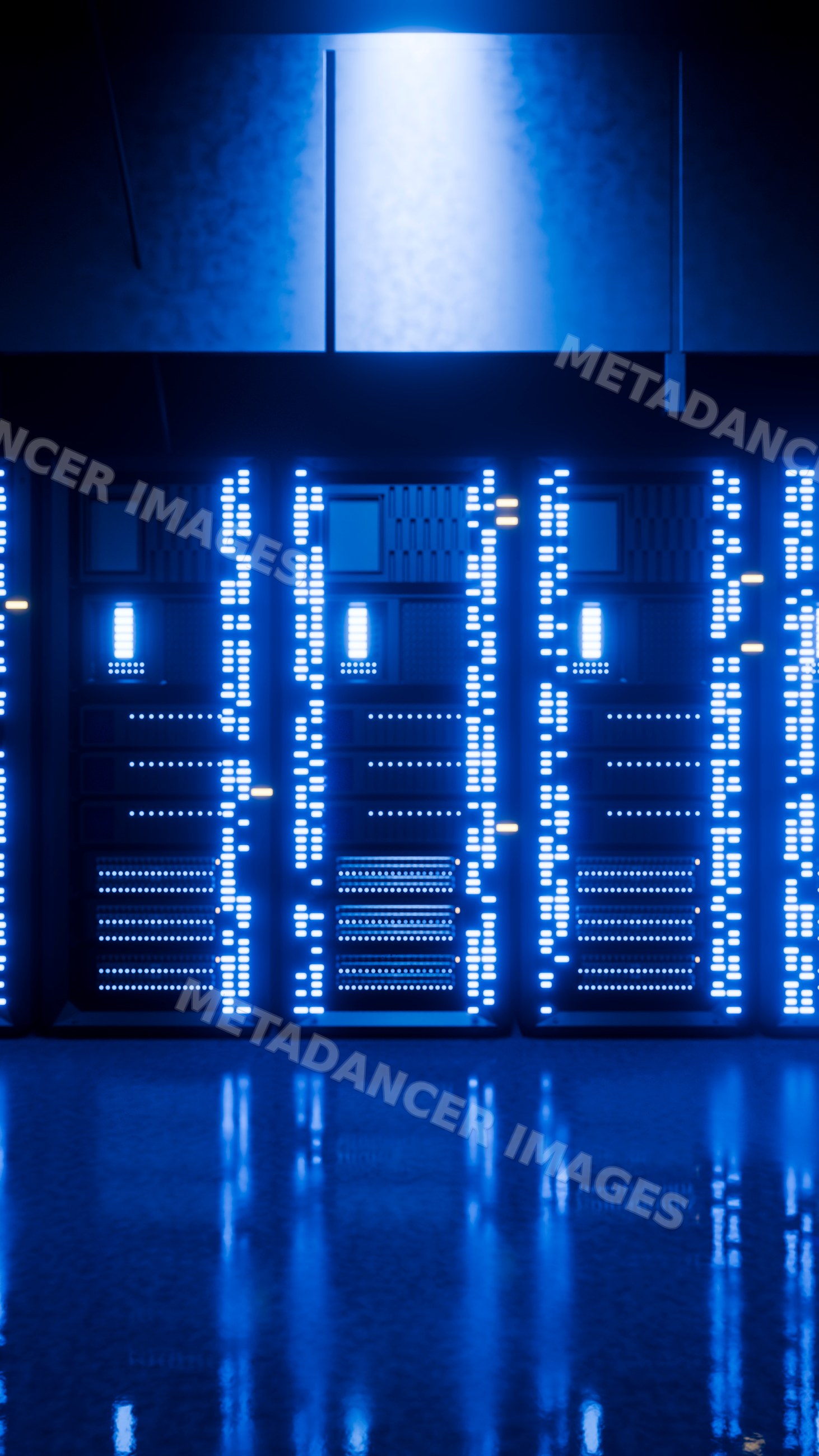 Server racks illuminated with blue led lights in data center