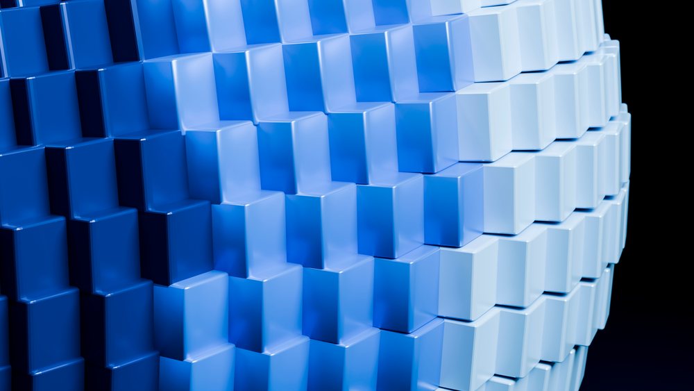 Blue three-dimensional cubes arranged in digital geometric pattern
