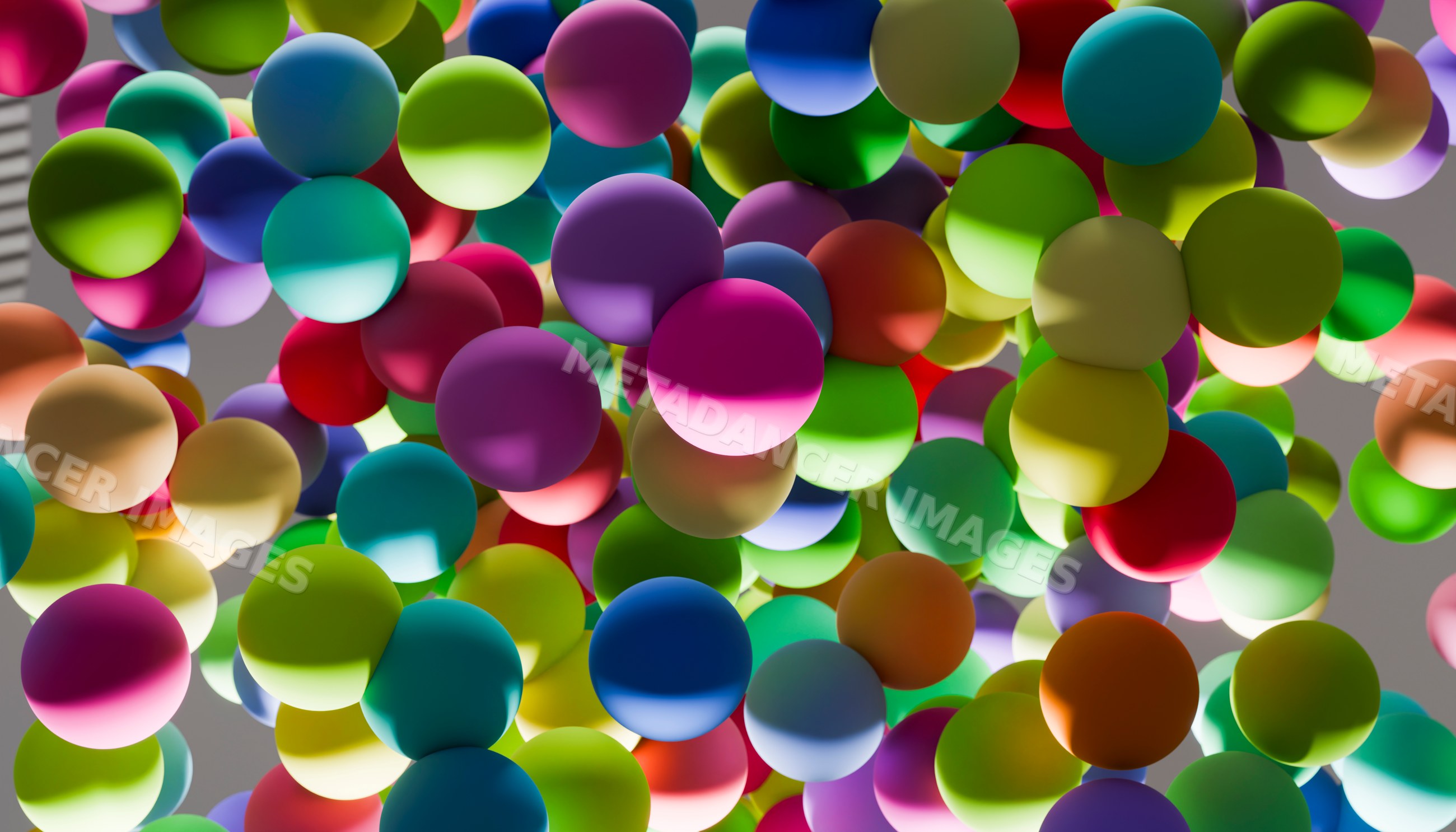 A close-up of colorful balls floating in an abstract arrangement