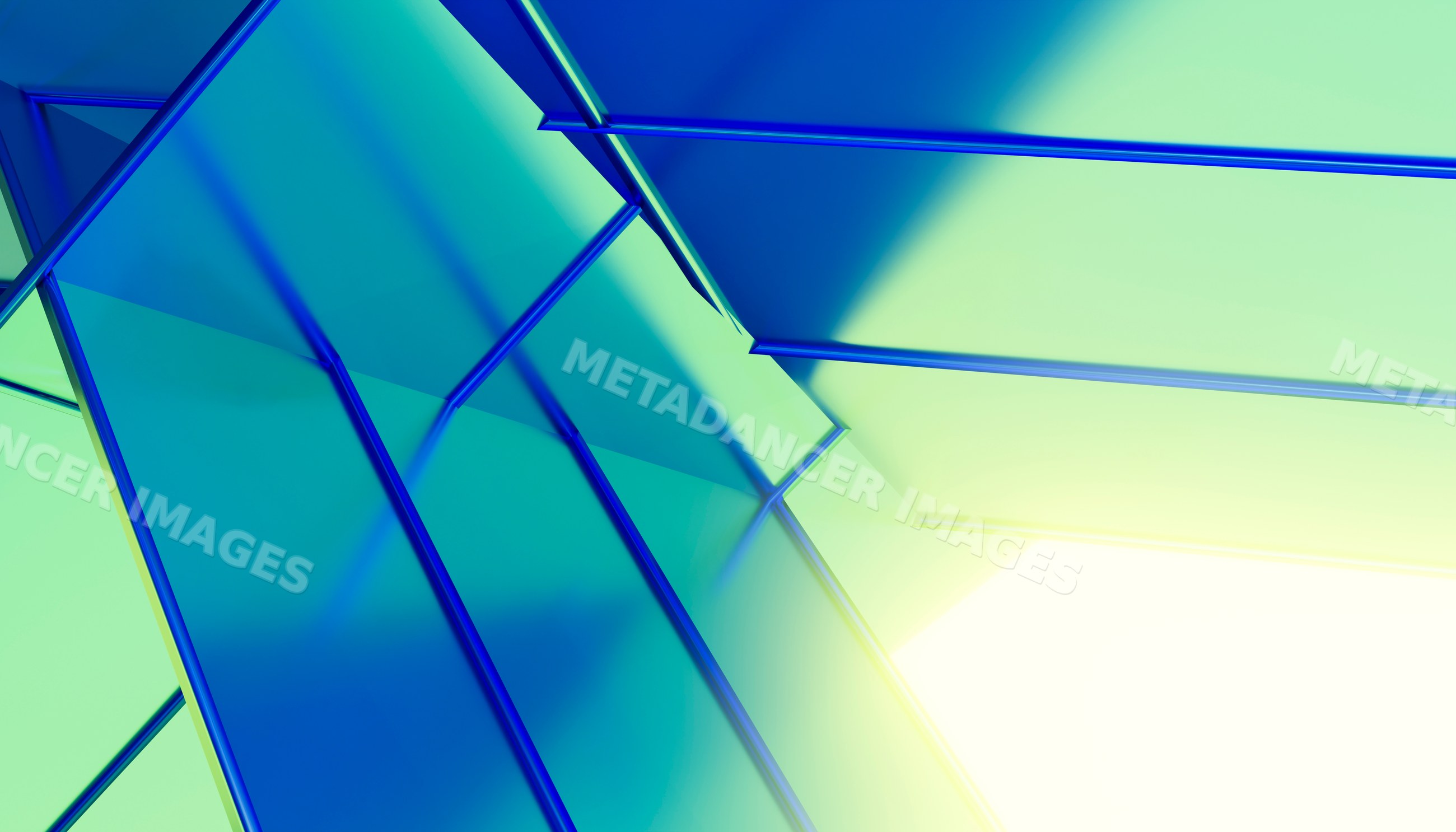 A digital rendering of blue geometric glass panels in bright light