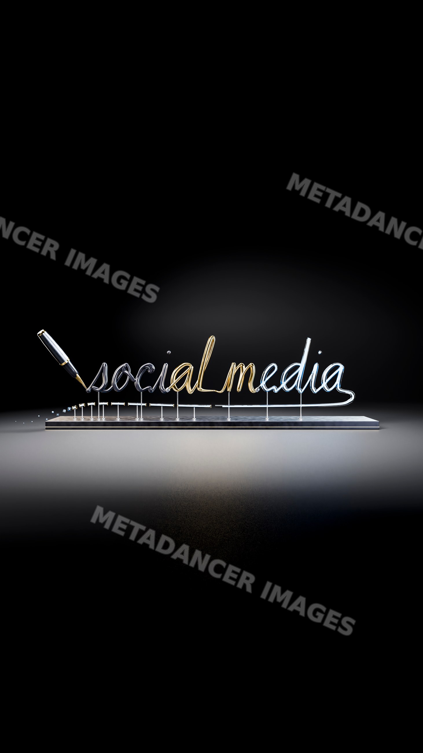 Metal sculpture of social media phrase with pen