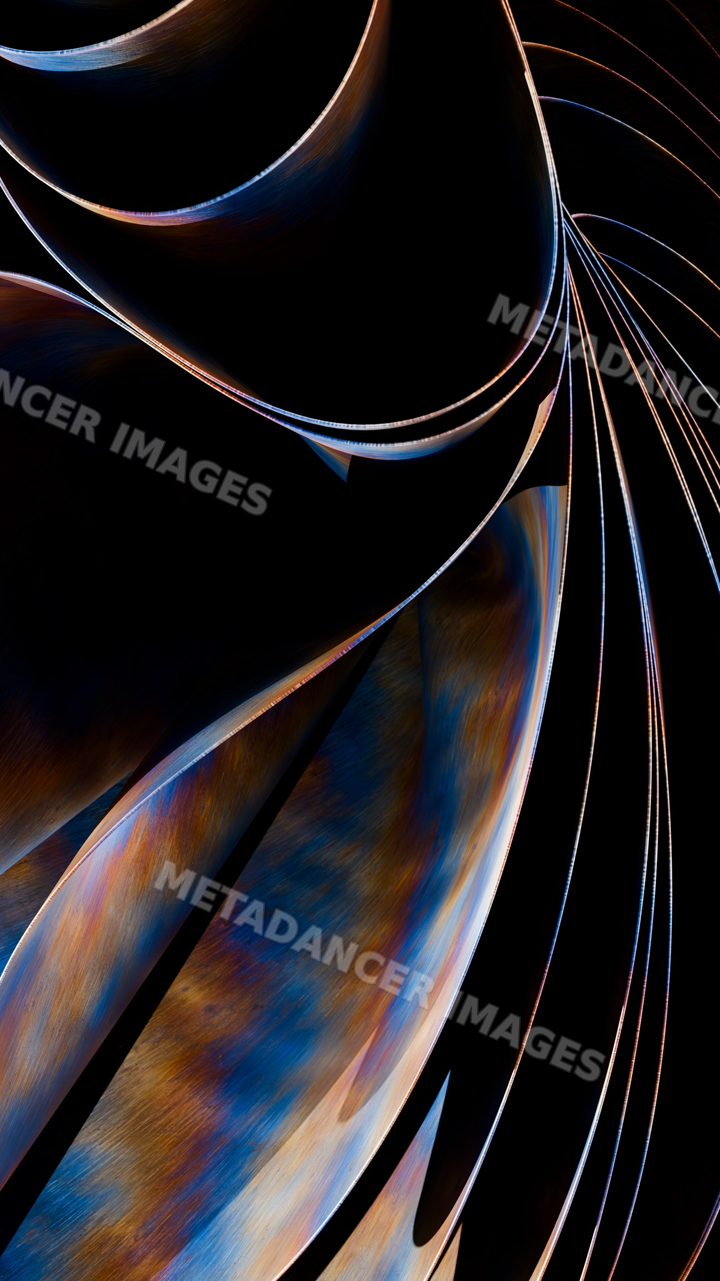 Curved metal abstract sculpture with colorful blue and rust shades