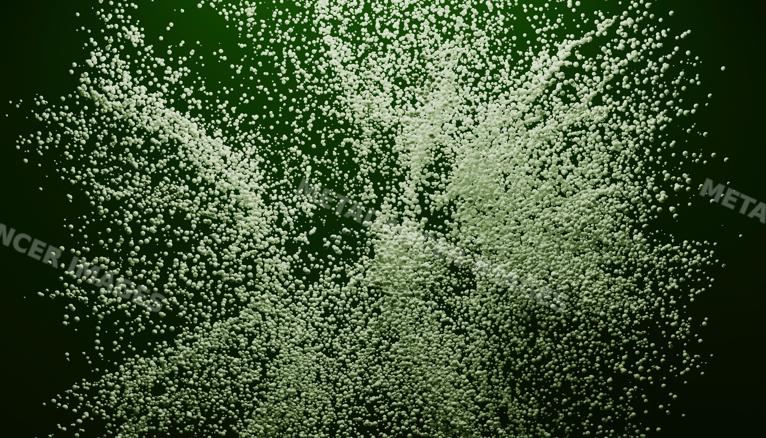 Cluster of white foam bubbles dispersing over dark green background