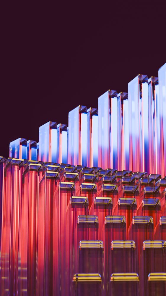Abstract symmetrical colored glass bar installation