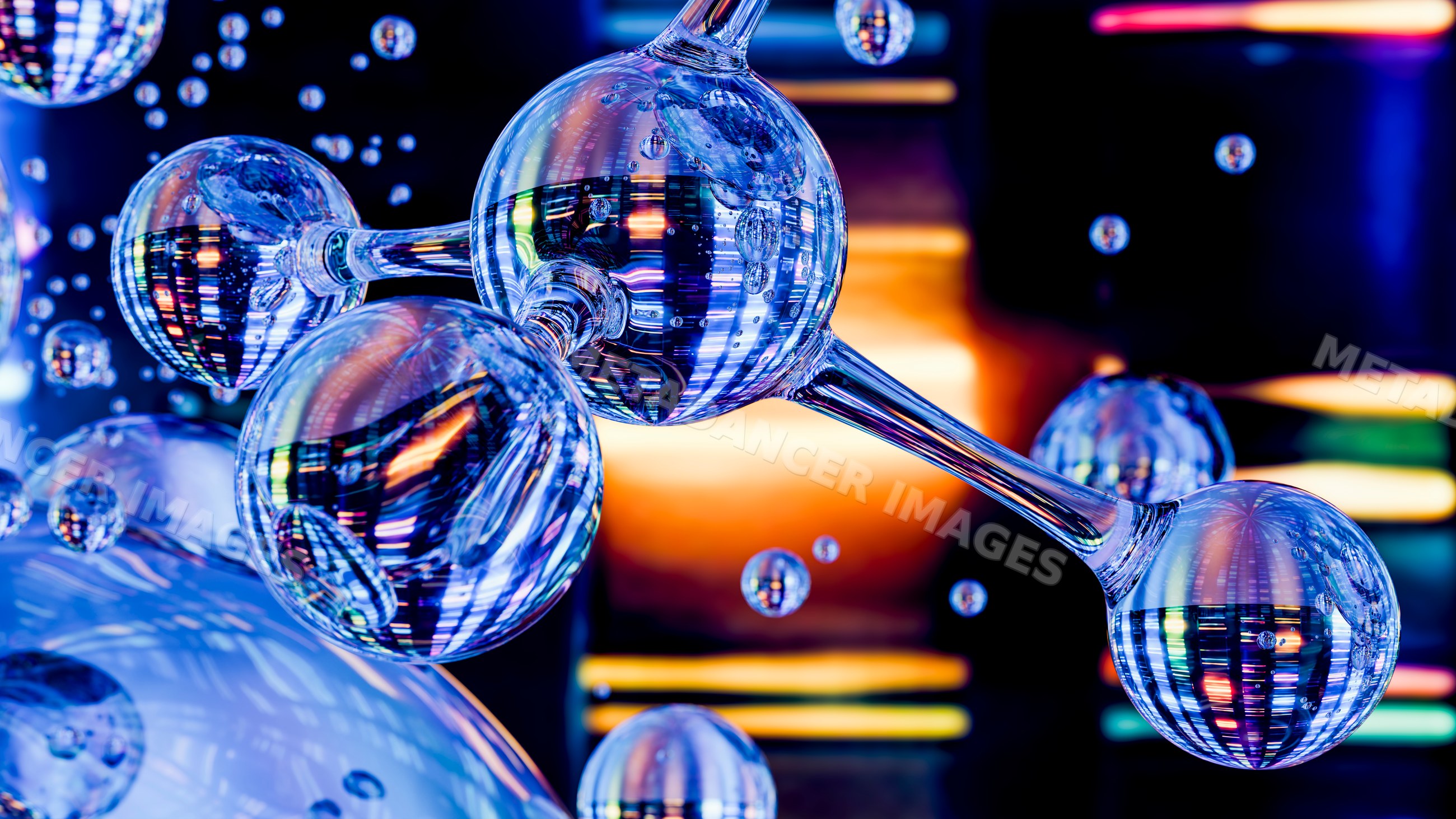 Molecular model with transparent spheres and colorful reflections