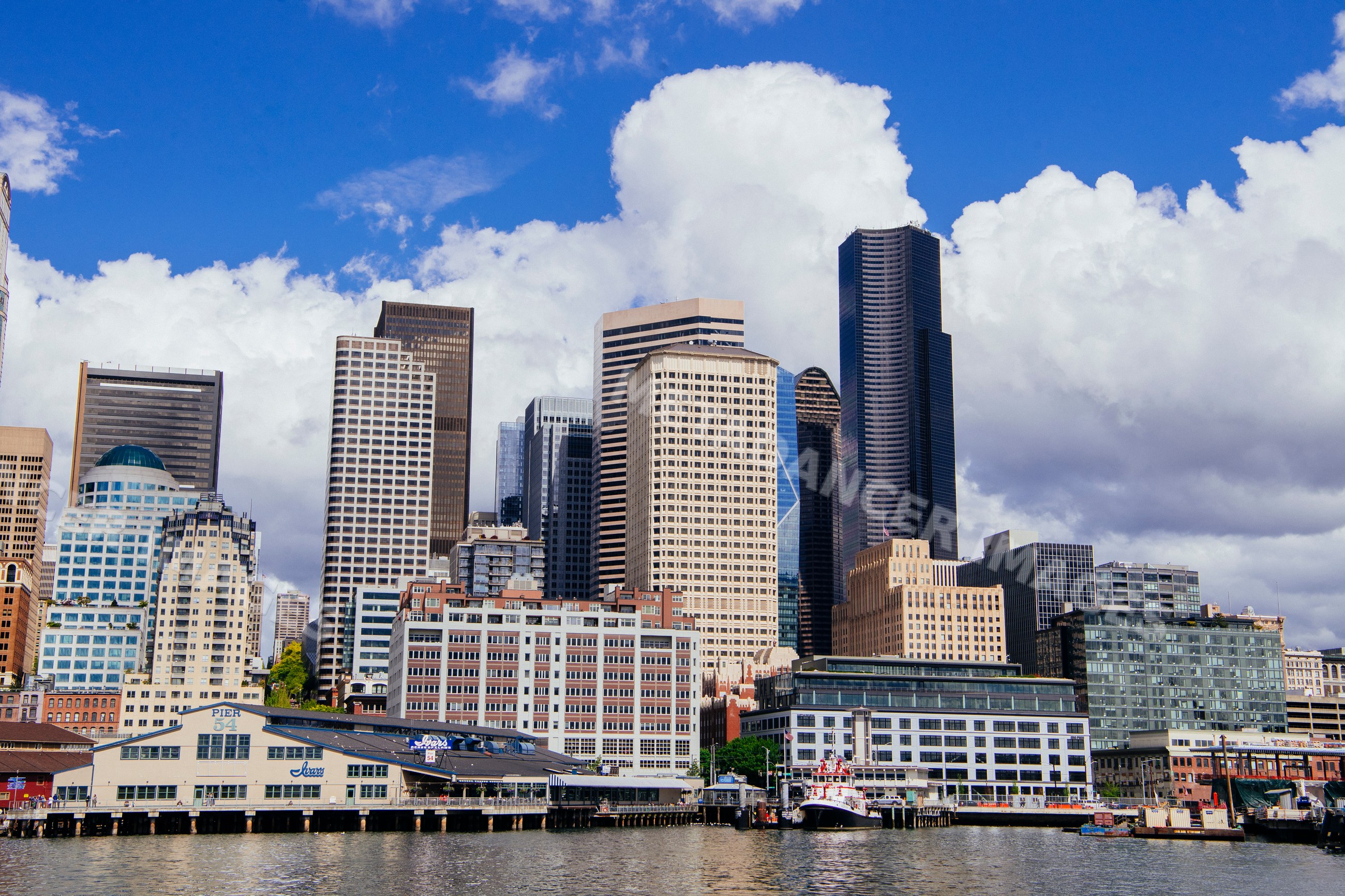 Seattle skyline with waterfront and pier 54 buildings