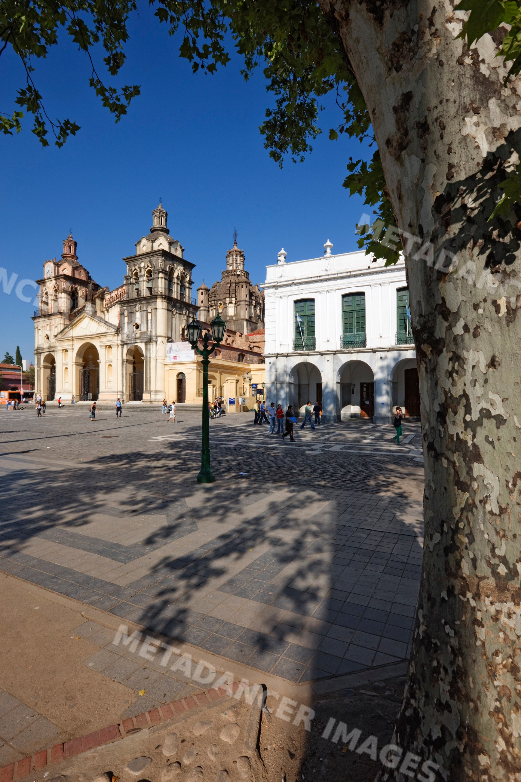 Cordoba cathedral and plaza with people, argentina
