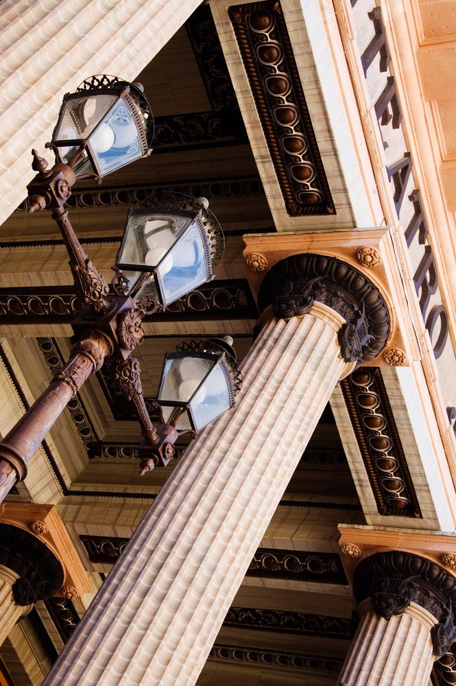 Ornate columns and lanterns at teatro juarez opera house, mexico
