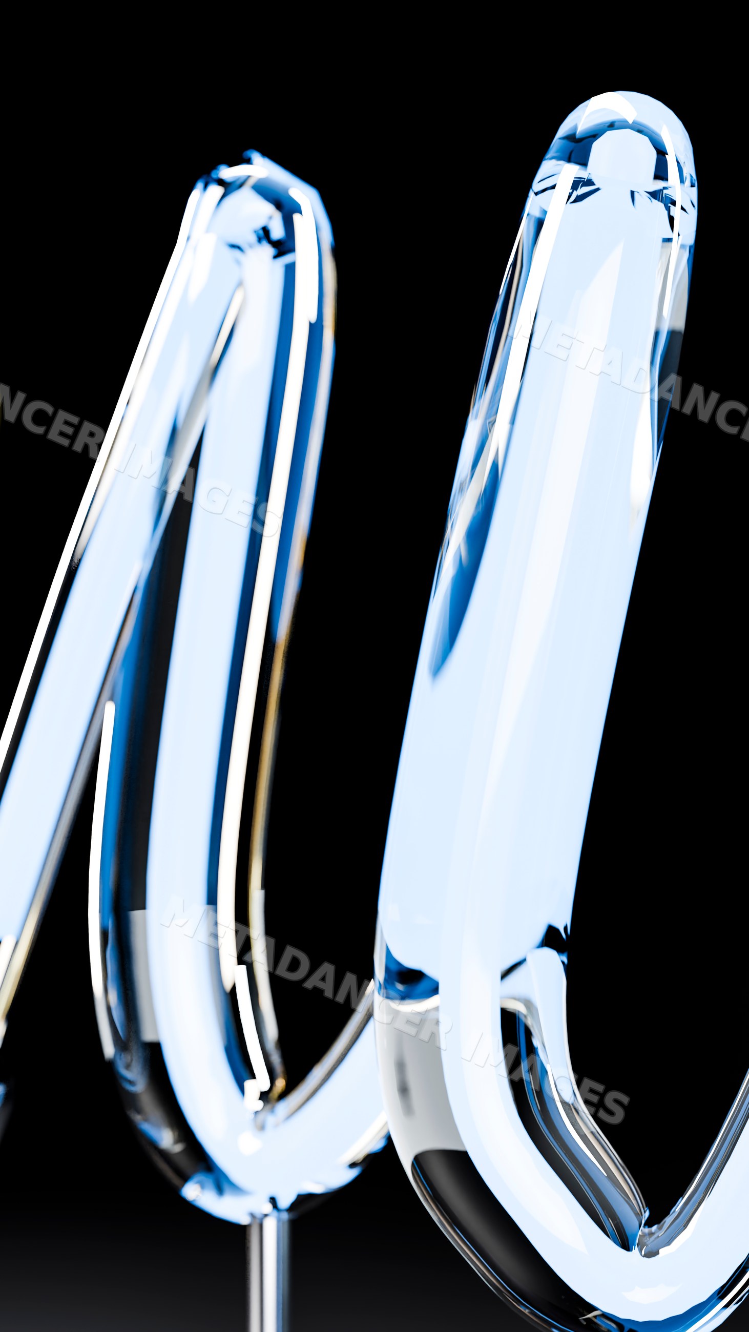 Curved blue neon glass tubes glowing brightly on black background