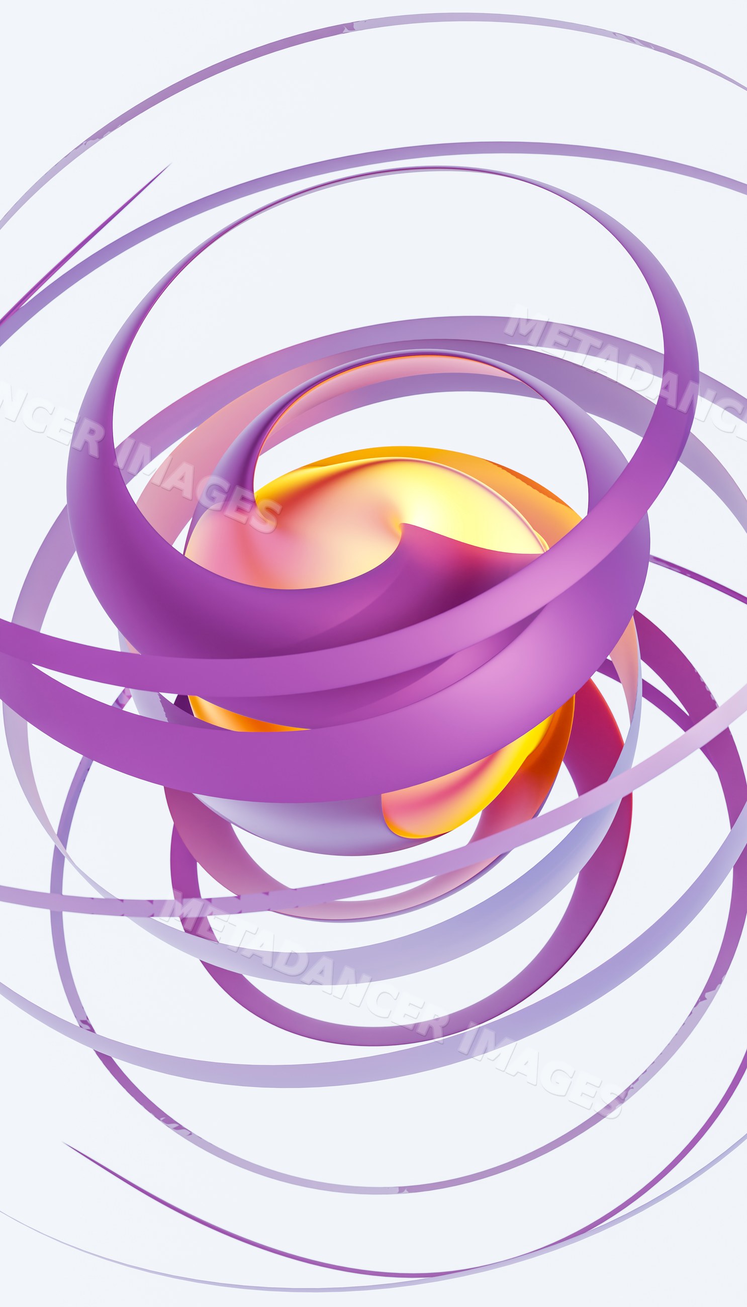 A 3d abstract swirl with purple ribbons surrounding a bright yellow