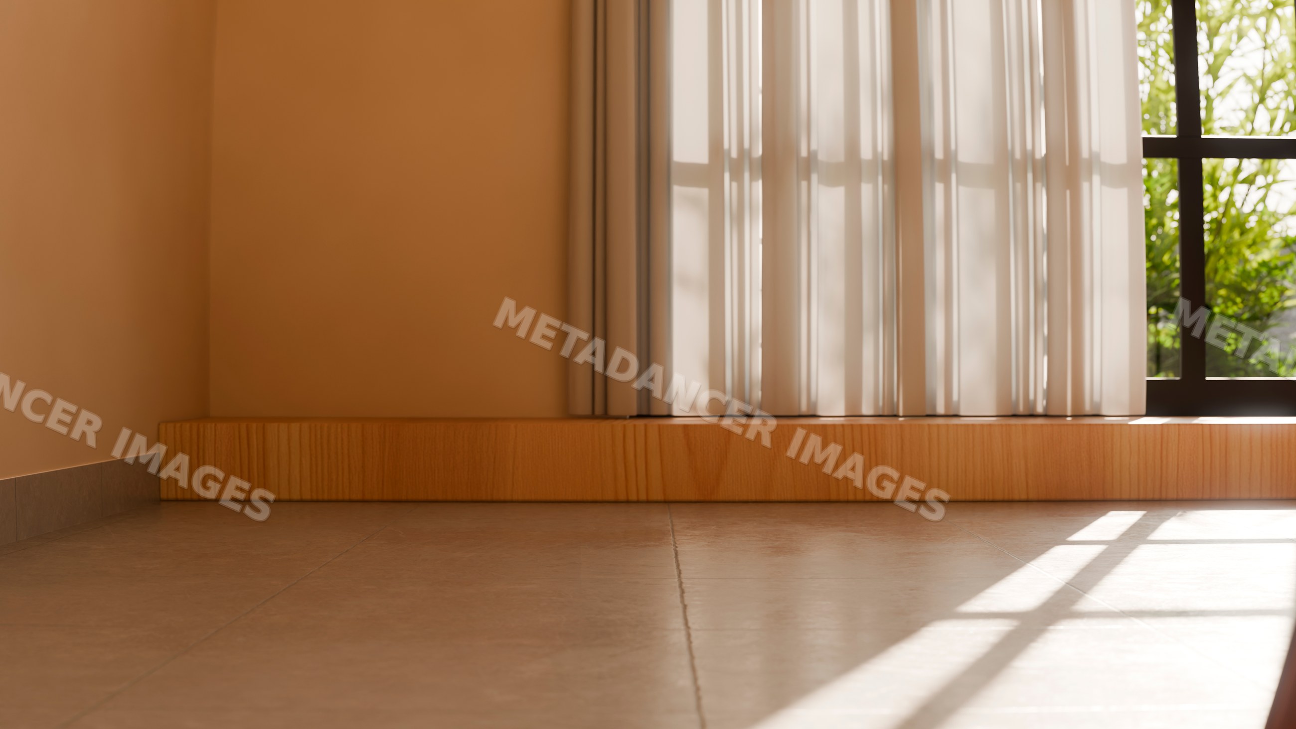 Empty sunlit room with tiled floor and window curtains