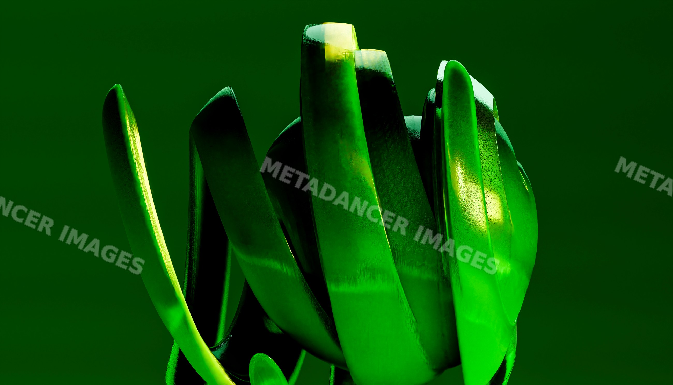 Abstract green sculpture with curved reflective surfaces in studio