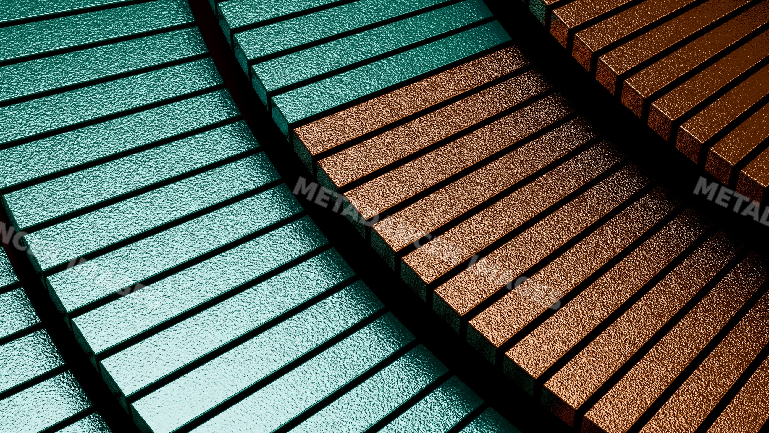 Close-up of textured green and copper metal bars in geometric pattern