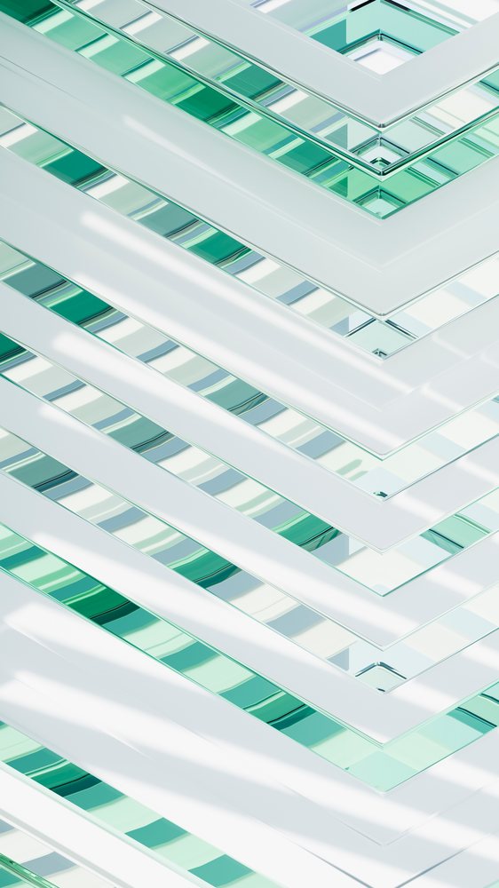 Stacked rectangular green and white glass panels forming a modern