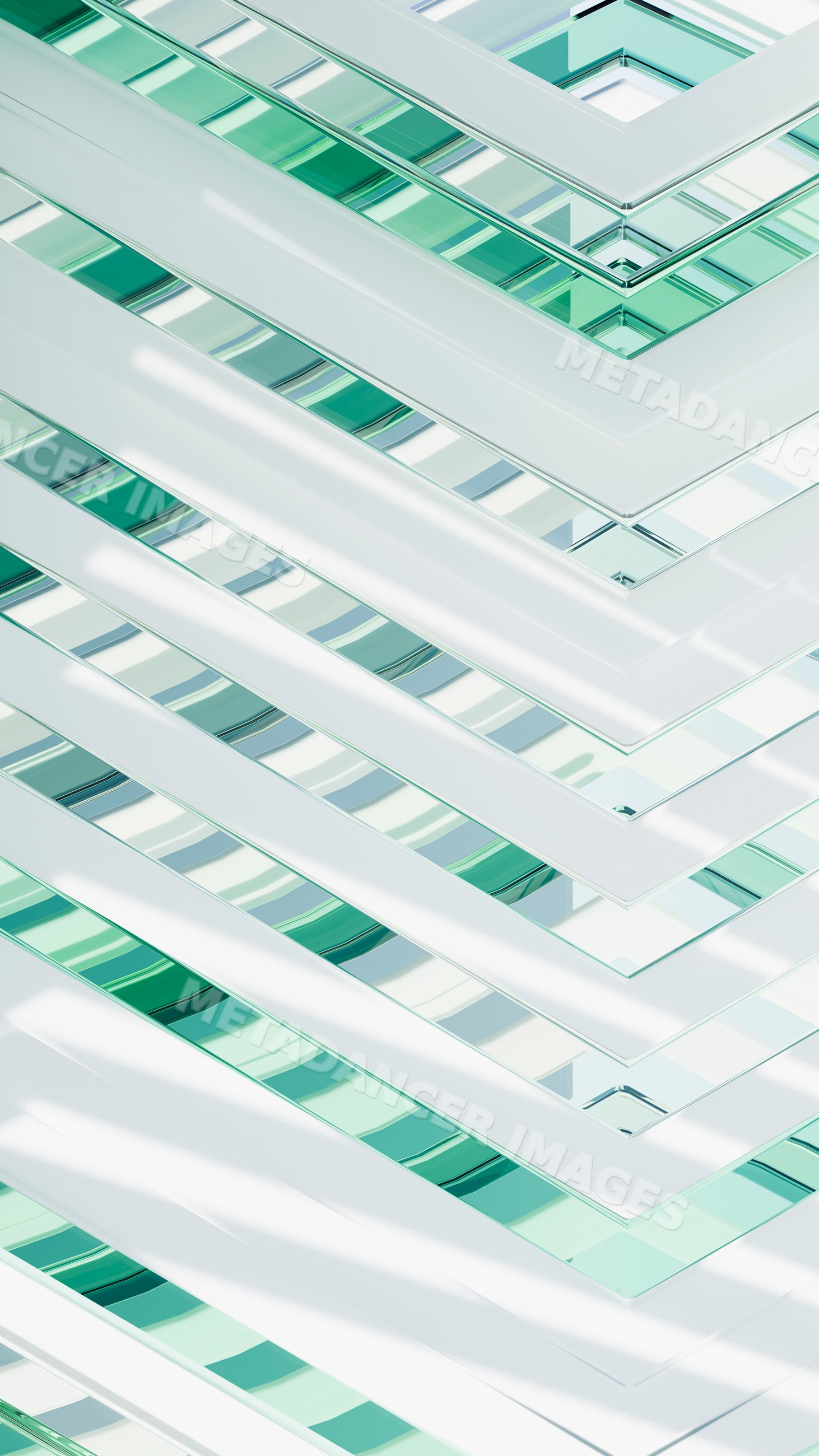 Stacked rectangular green and white glass panels forming a modern