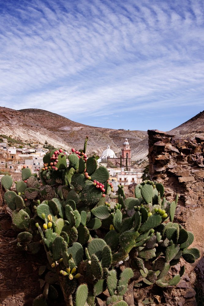 Purisima concepcion temple with cactus and mountain landscape in real