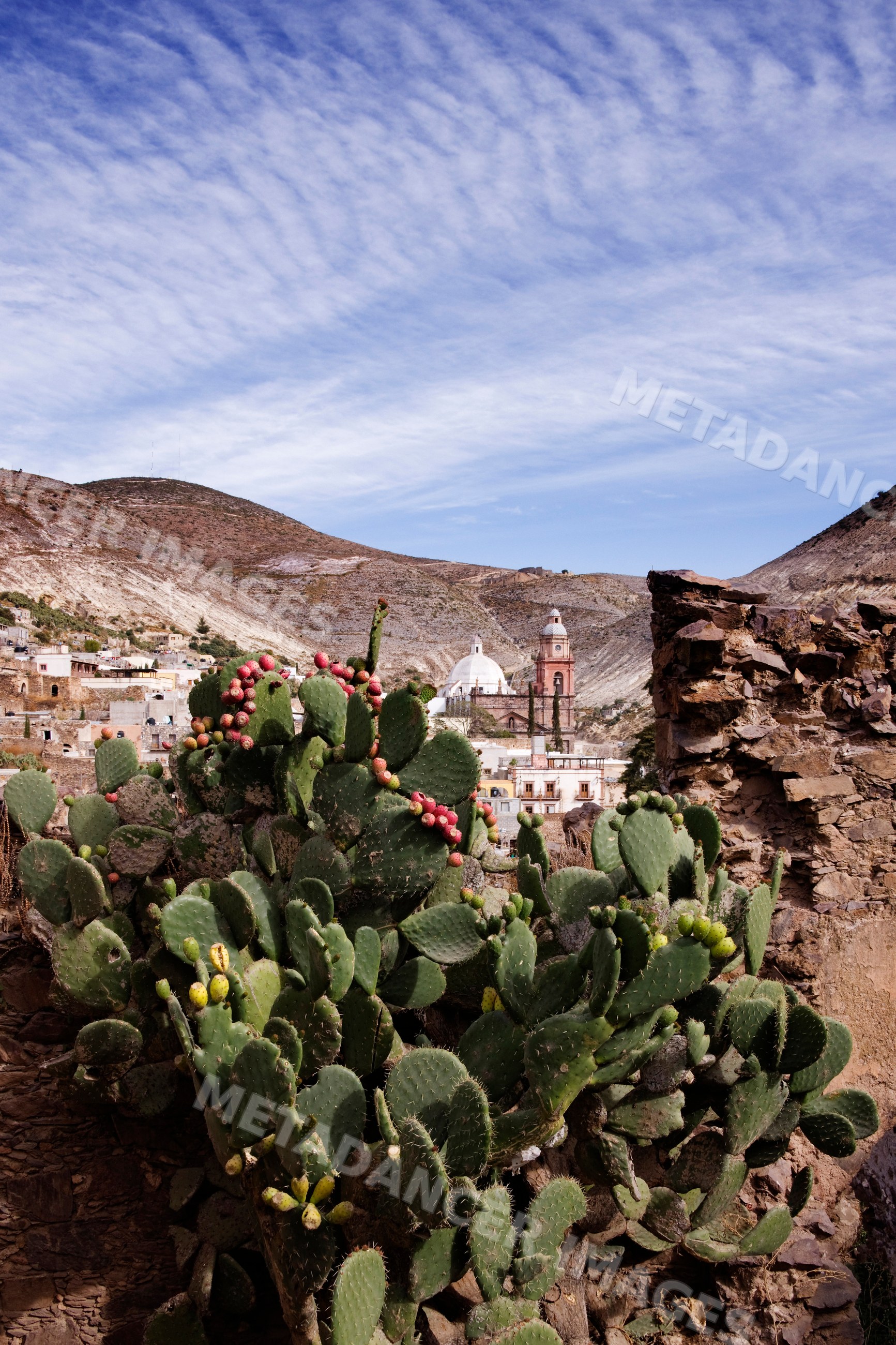 Purisima concepcion temple with cactus and mountain landscape in real