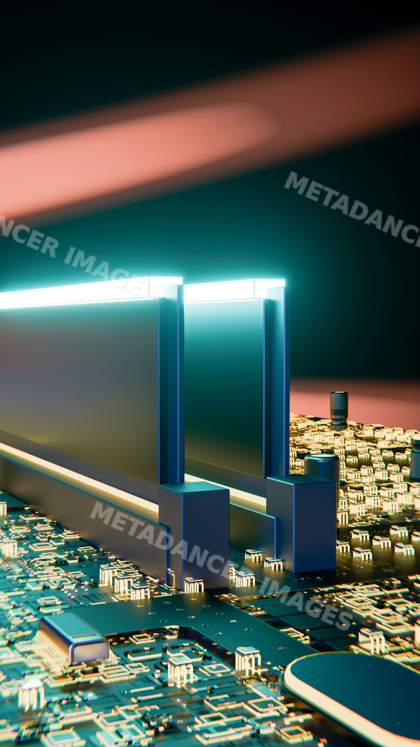 Computer memory modules on circuit board with neon lighting