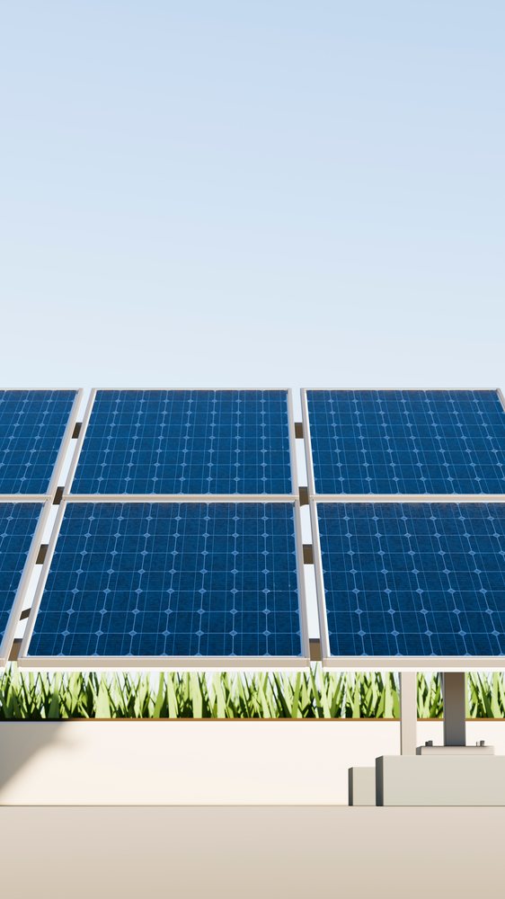 Solar panels generating renewable energy with green grass and clear