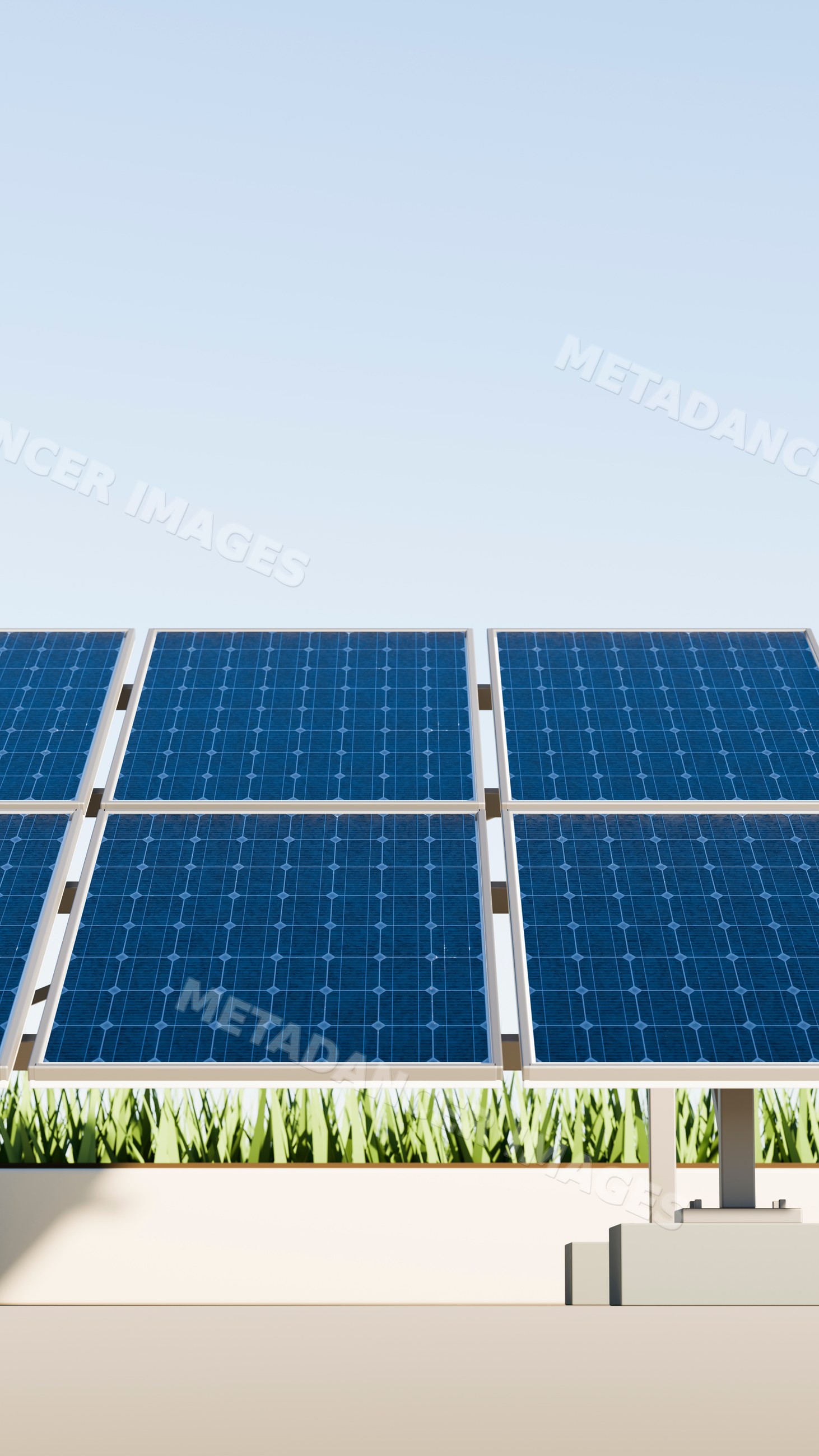 Solar panels generating renewable energy with green grass and clear