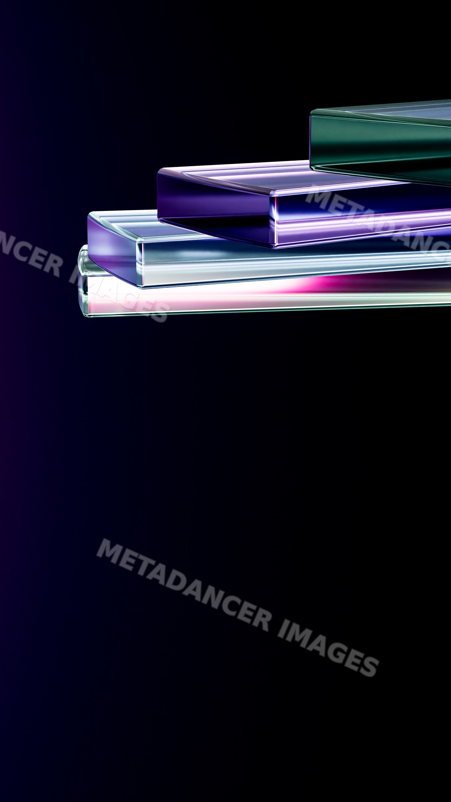 Stacked colored transparent glass blocks with vibrant reflections