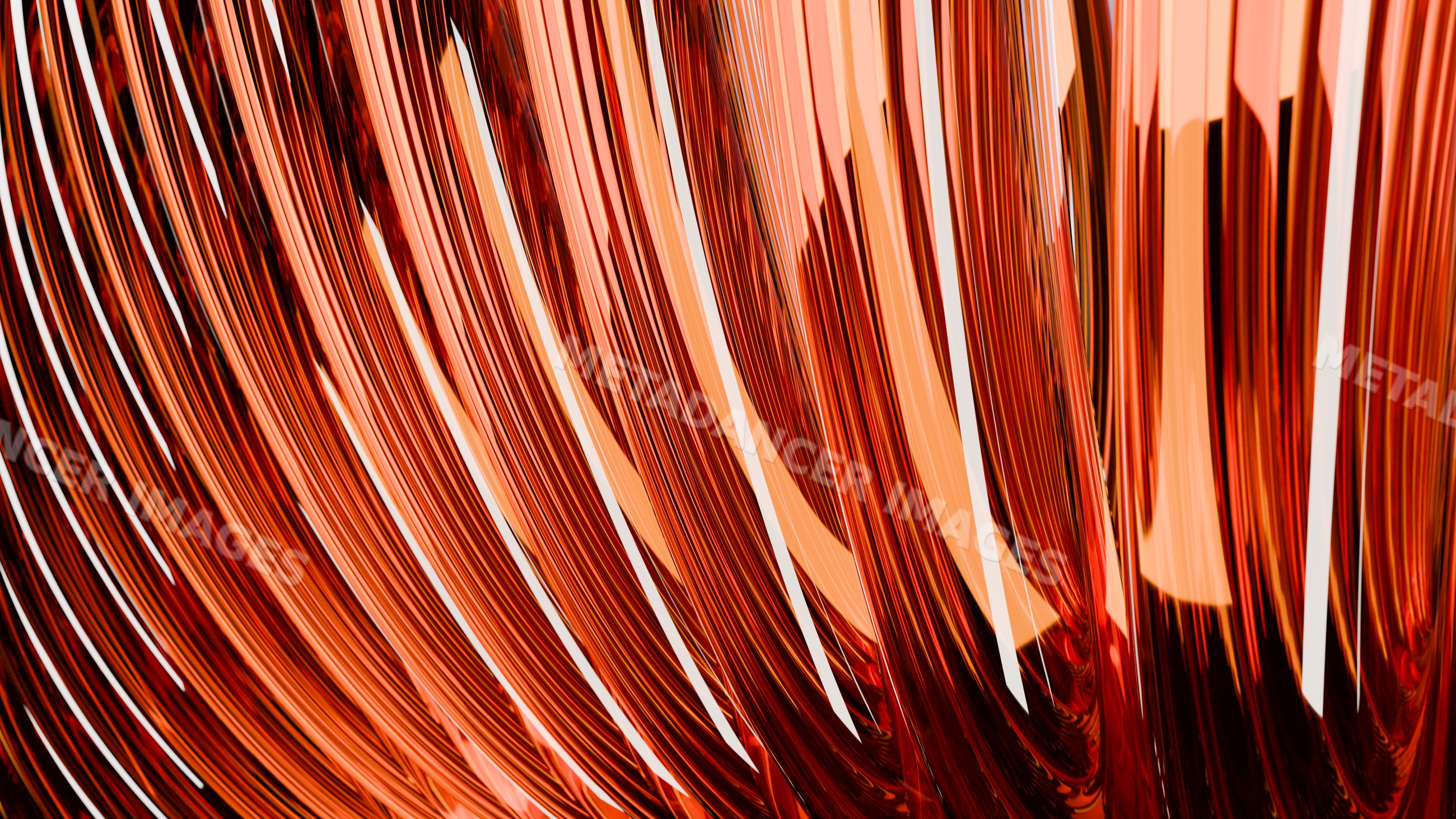 Abstract curved red and orange glass shapes with reflective patterns