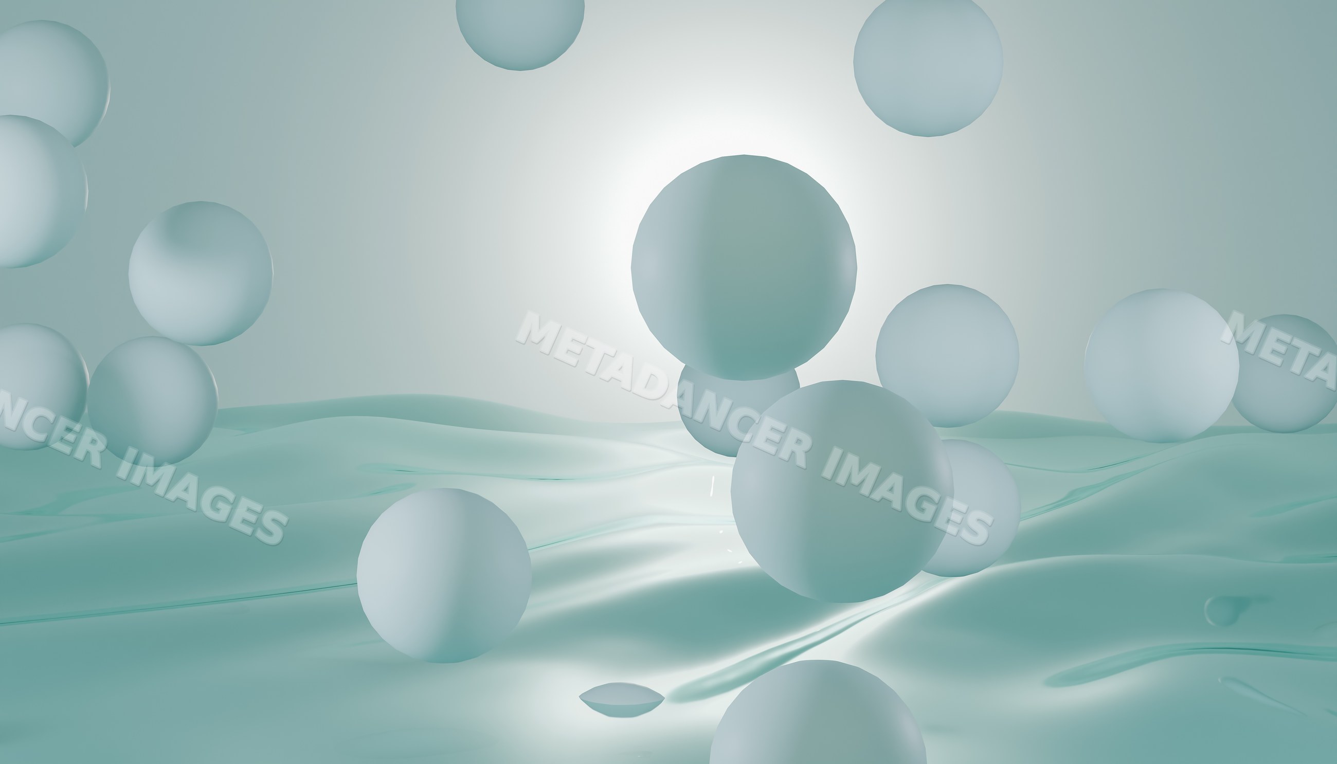 Abstract digital 3d render of floating blue spheres above fluid