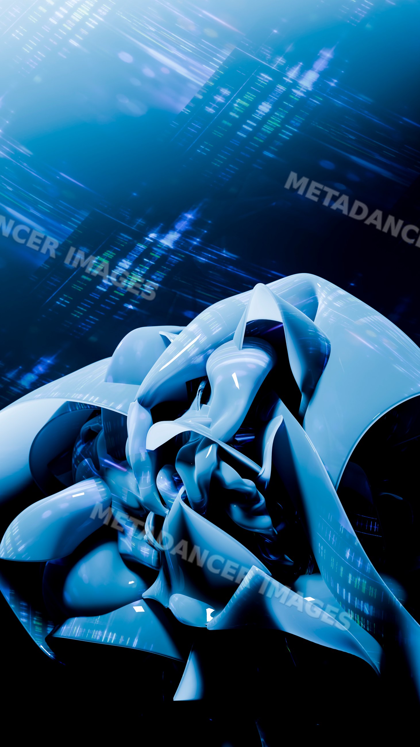 Abstract glossy blue curved metal sculpture with futuristic digital