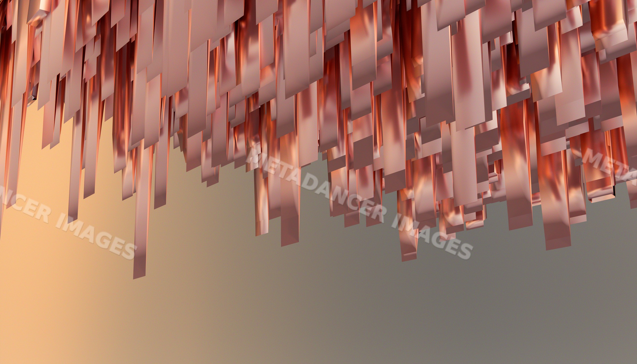 Abstract hanging metallic strips with copper reflections and gradient