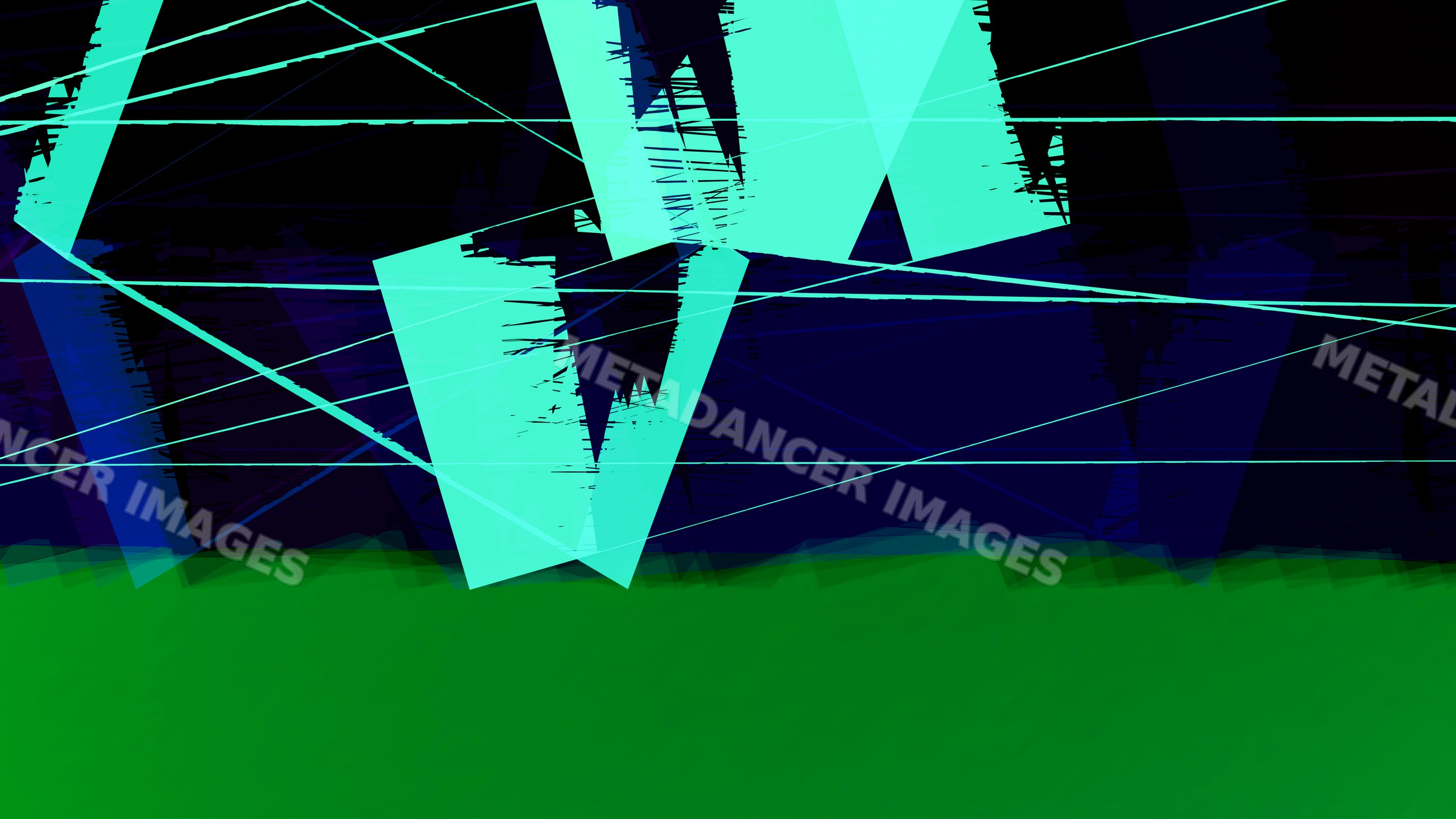 Abstract digital artwork with turquoise geometric shapes and green
