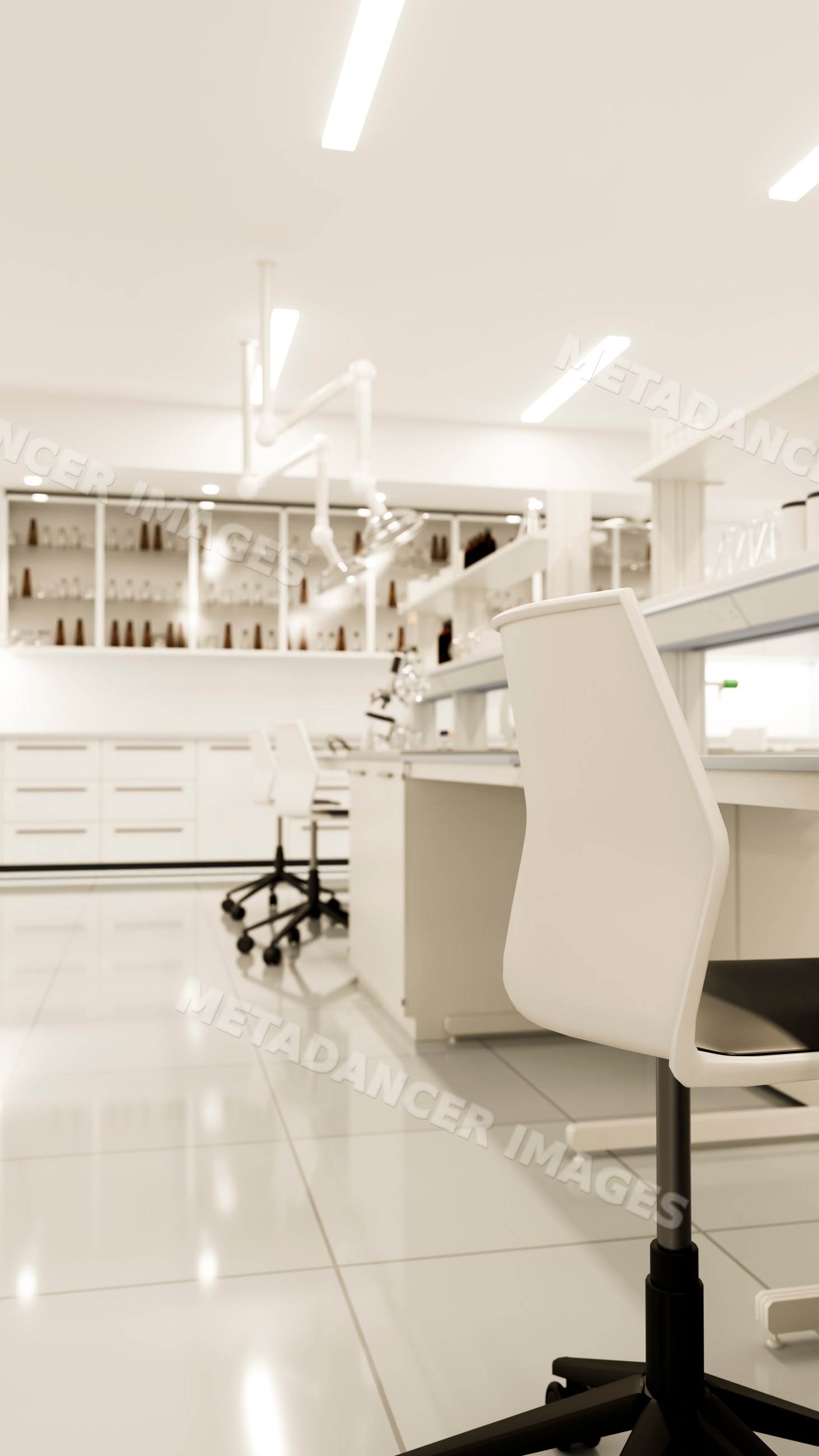 Modern laboratory workspace with white chairs and scientific equipment