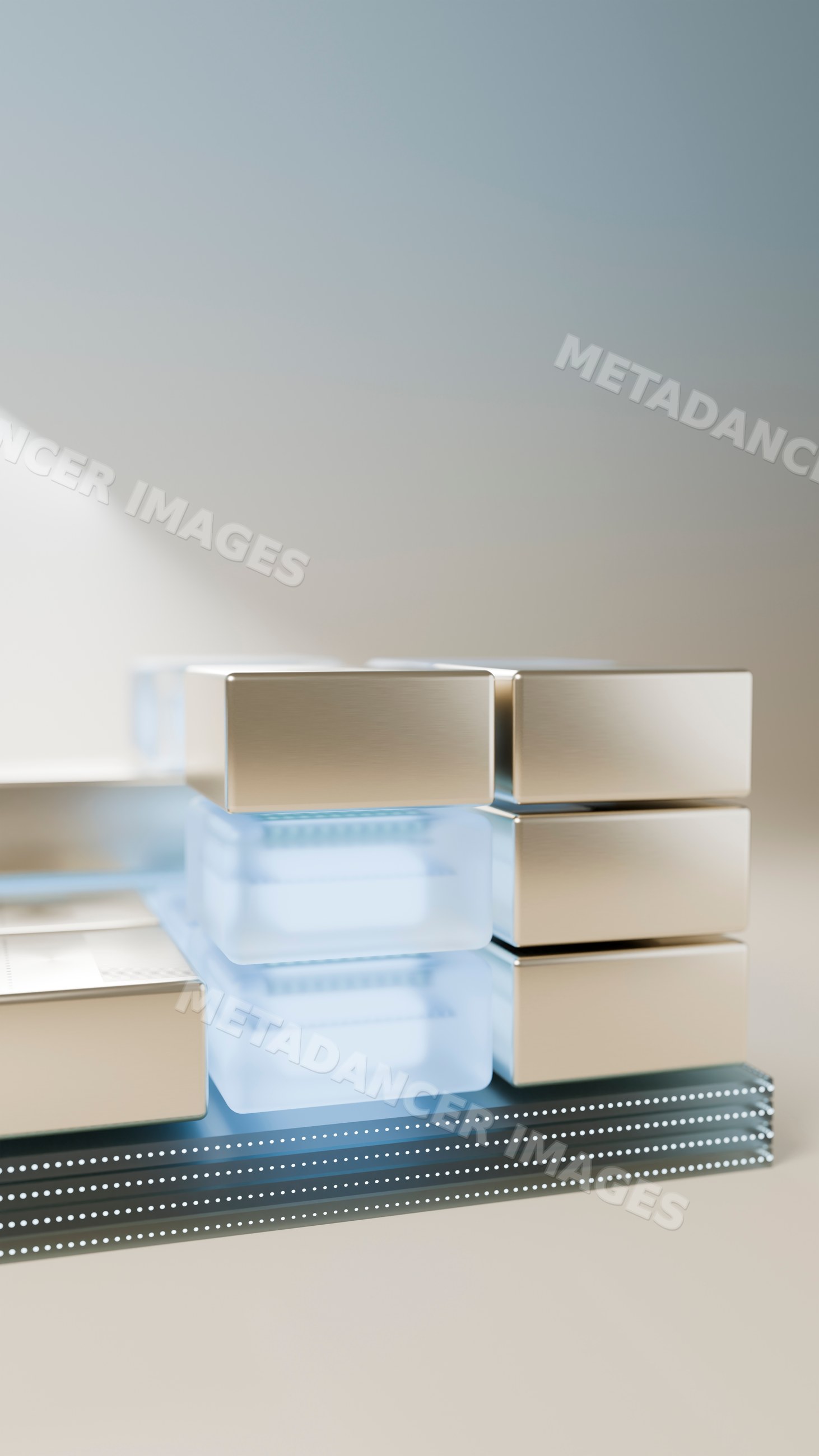 Stack of metallic and transparent rectangular blocks